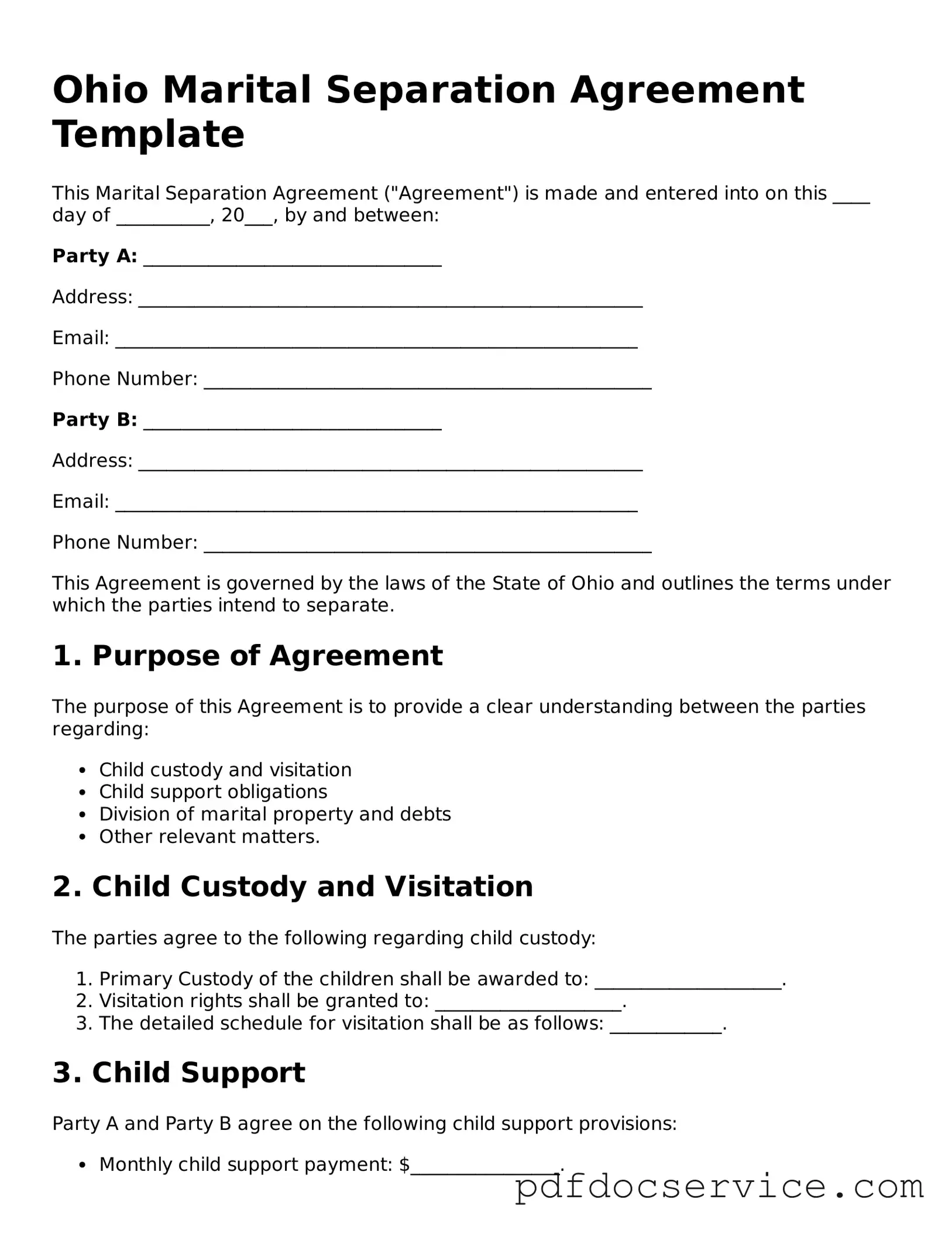 Printable  Marital Separation Agreement Template for Ohio