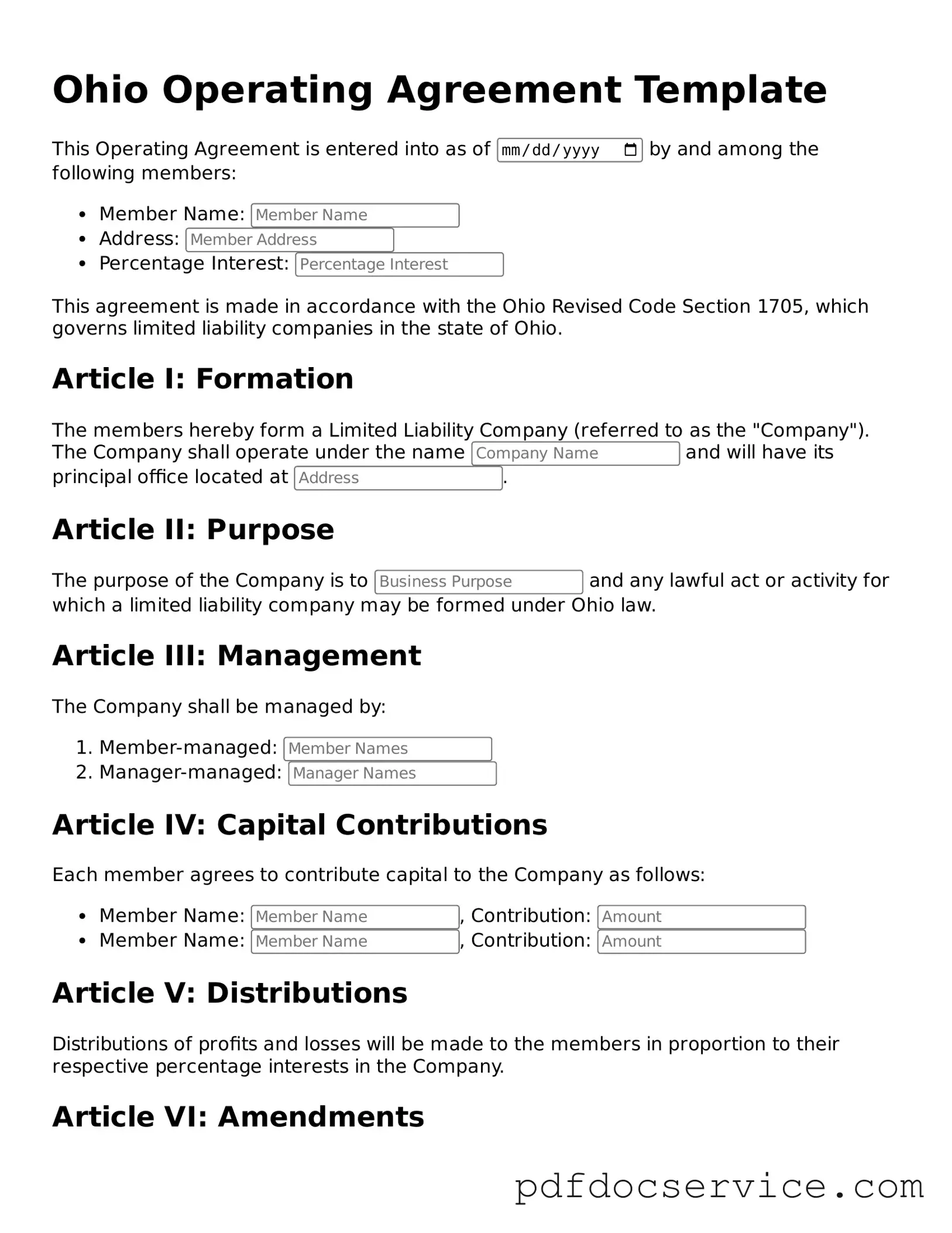 Printable  Operating Agreement Template for Ohio