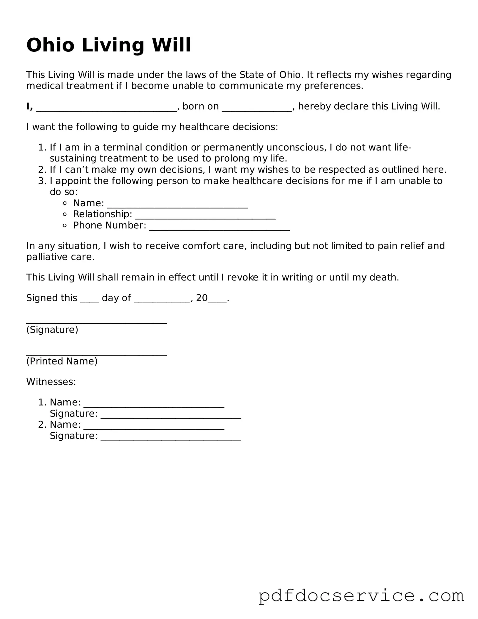 Printable  Living Will Template for Ohio