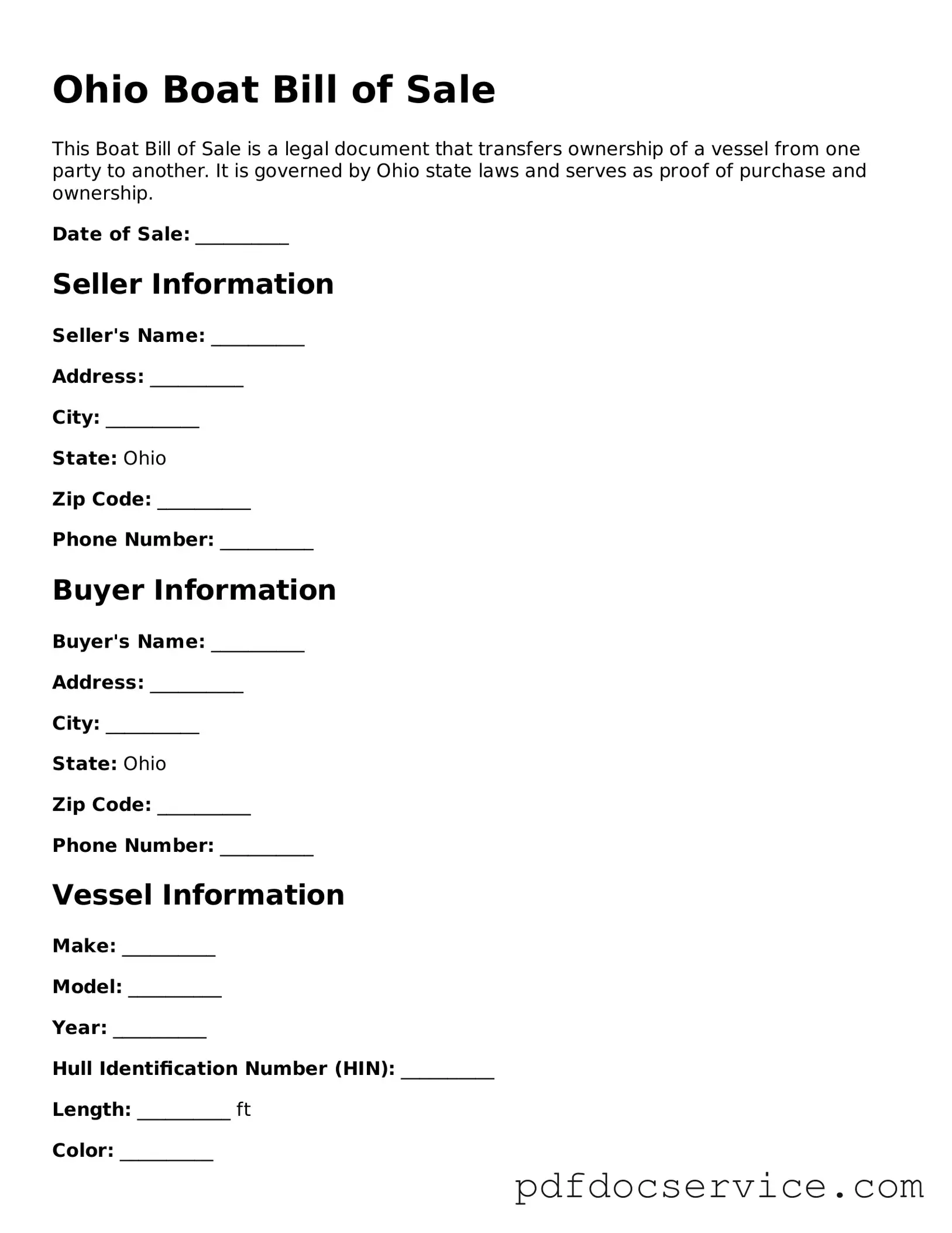 Printable  Boat Bill of Sale Template for Ohio