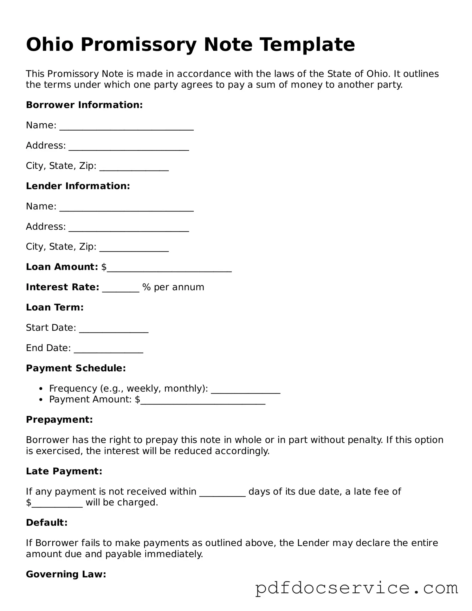 Printable  Promissory Note Template for Ohio