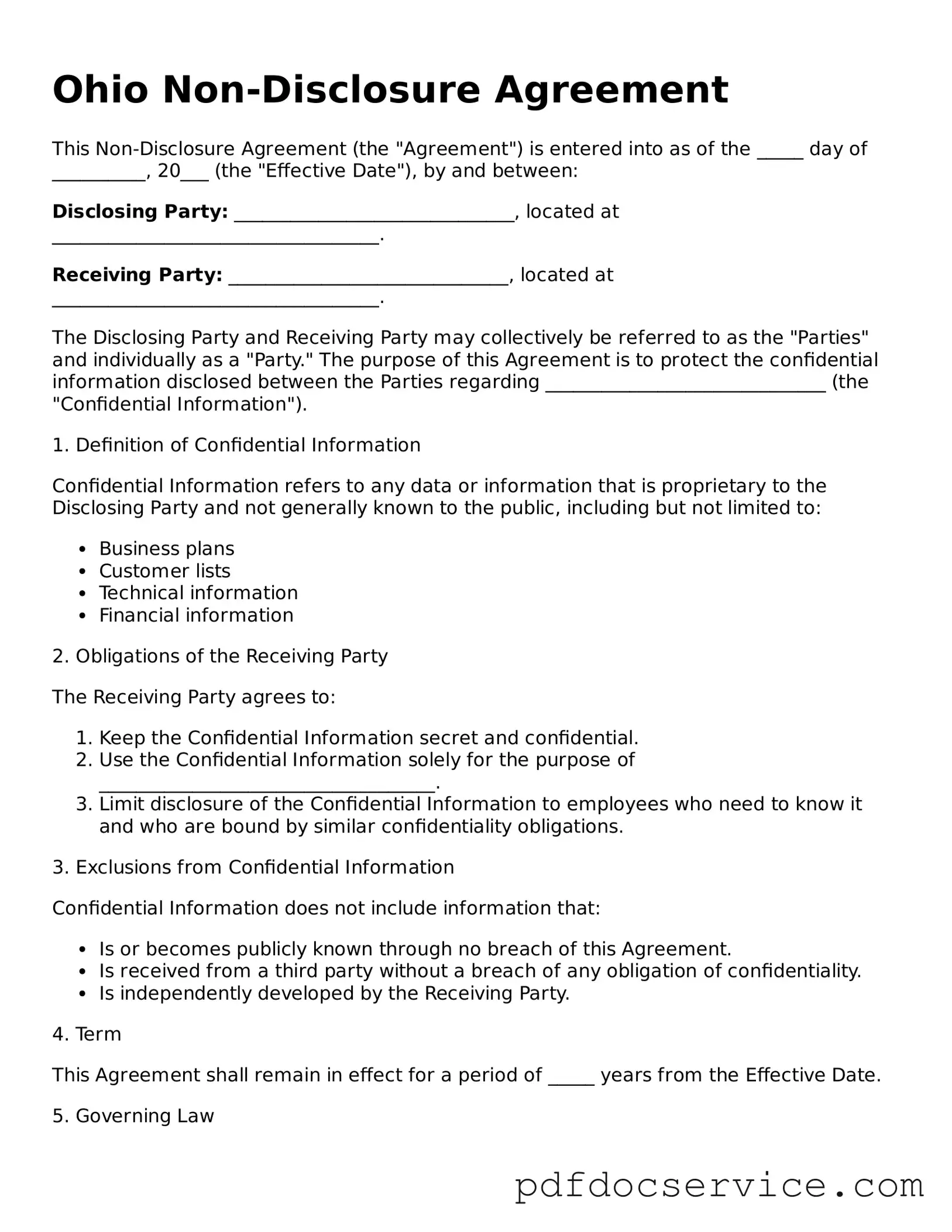 Printable  Non-disclosure Agreement Template for Ohio