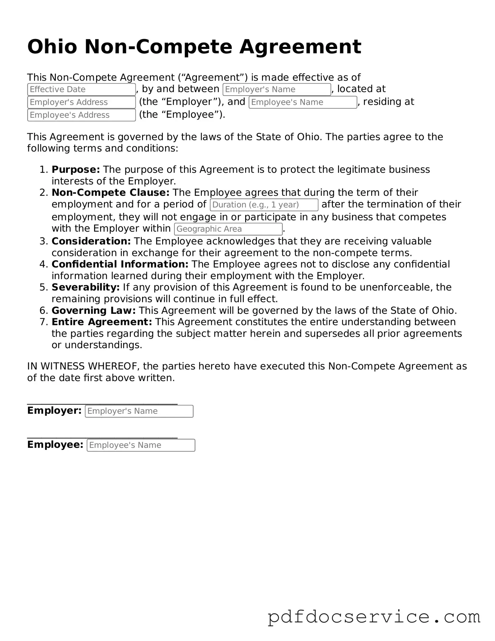 Printable  Non-compete Agreement Template for Ohio