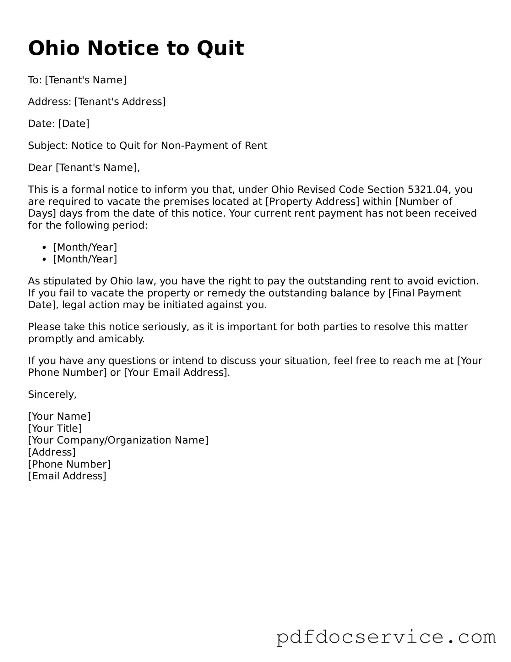 Printable  Notice to Quit Template for Ohio