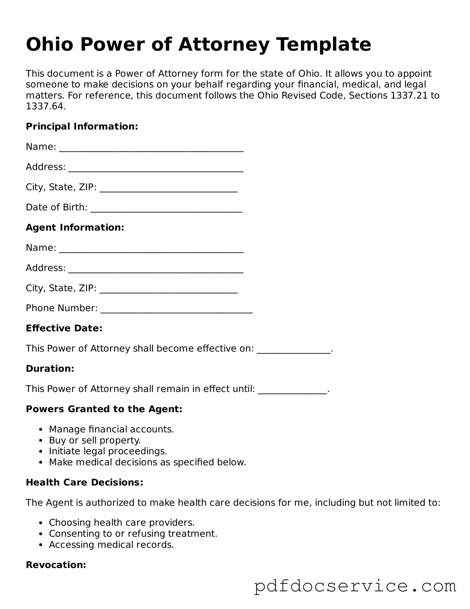 Printable  Power of Attorney Template for Ohio