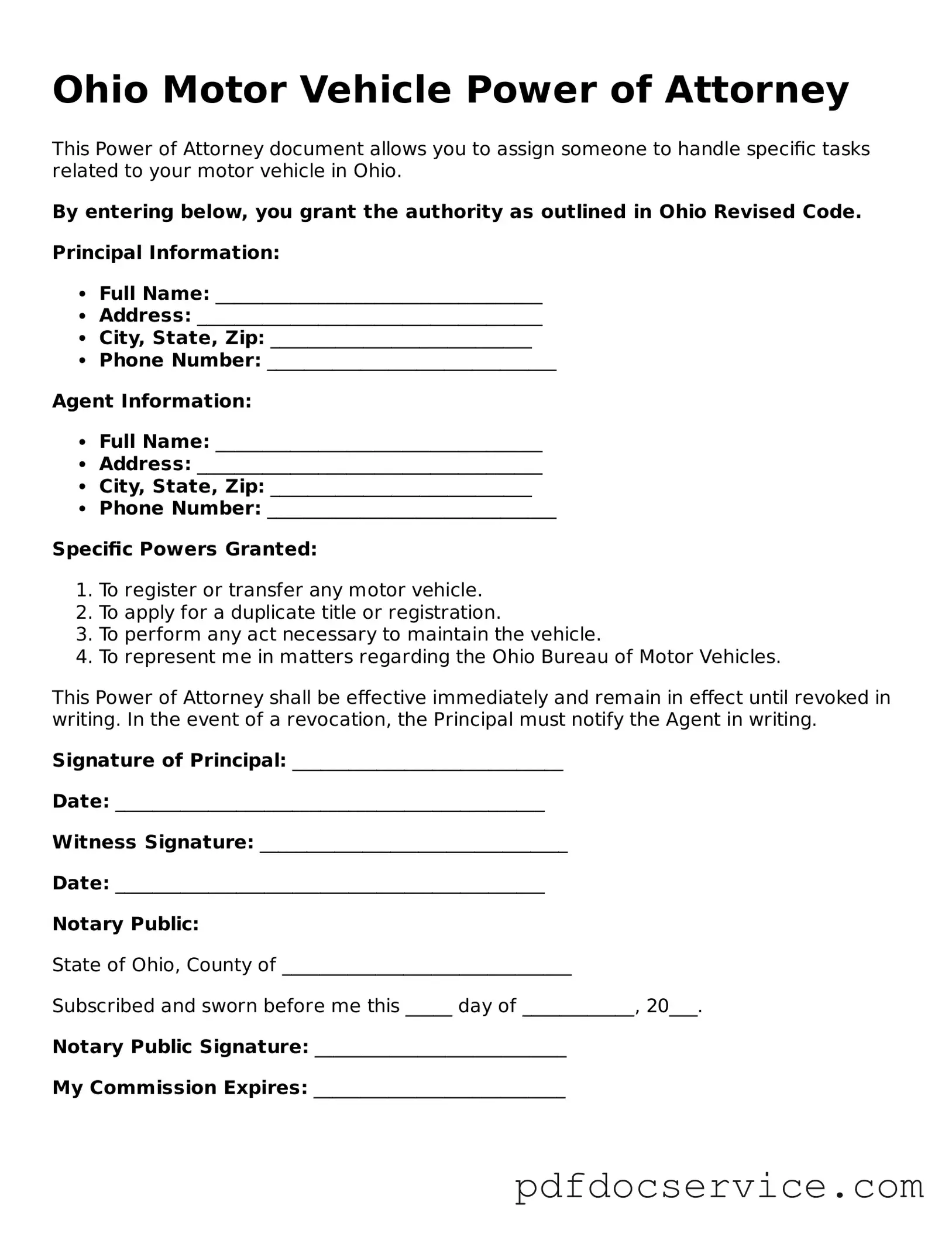 Printable  Motor Vehicle Power of Attorney Template for Ohio