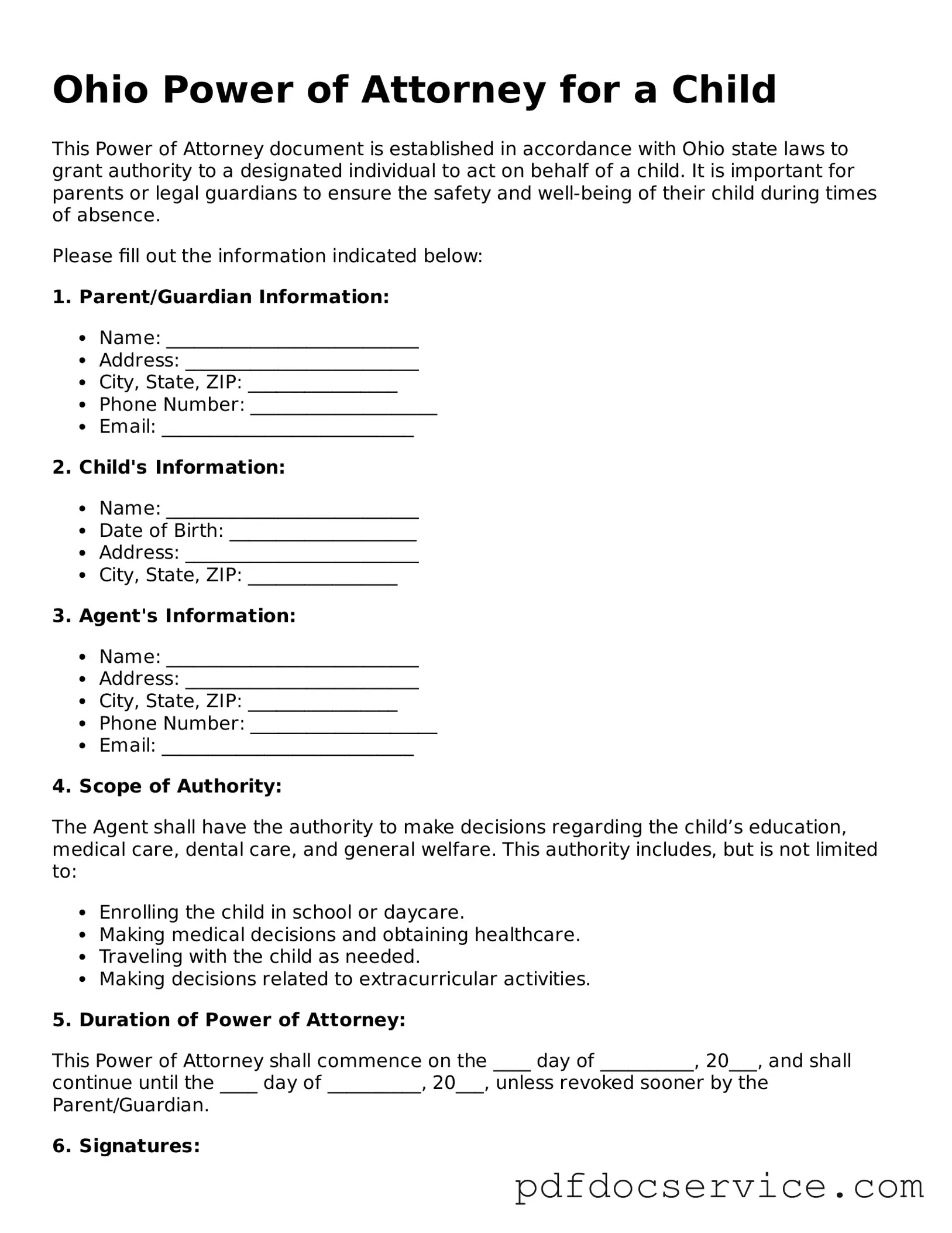 Printable  Power of Attorney for a Child Template for Ohio
