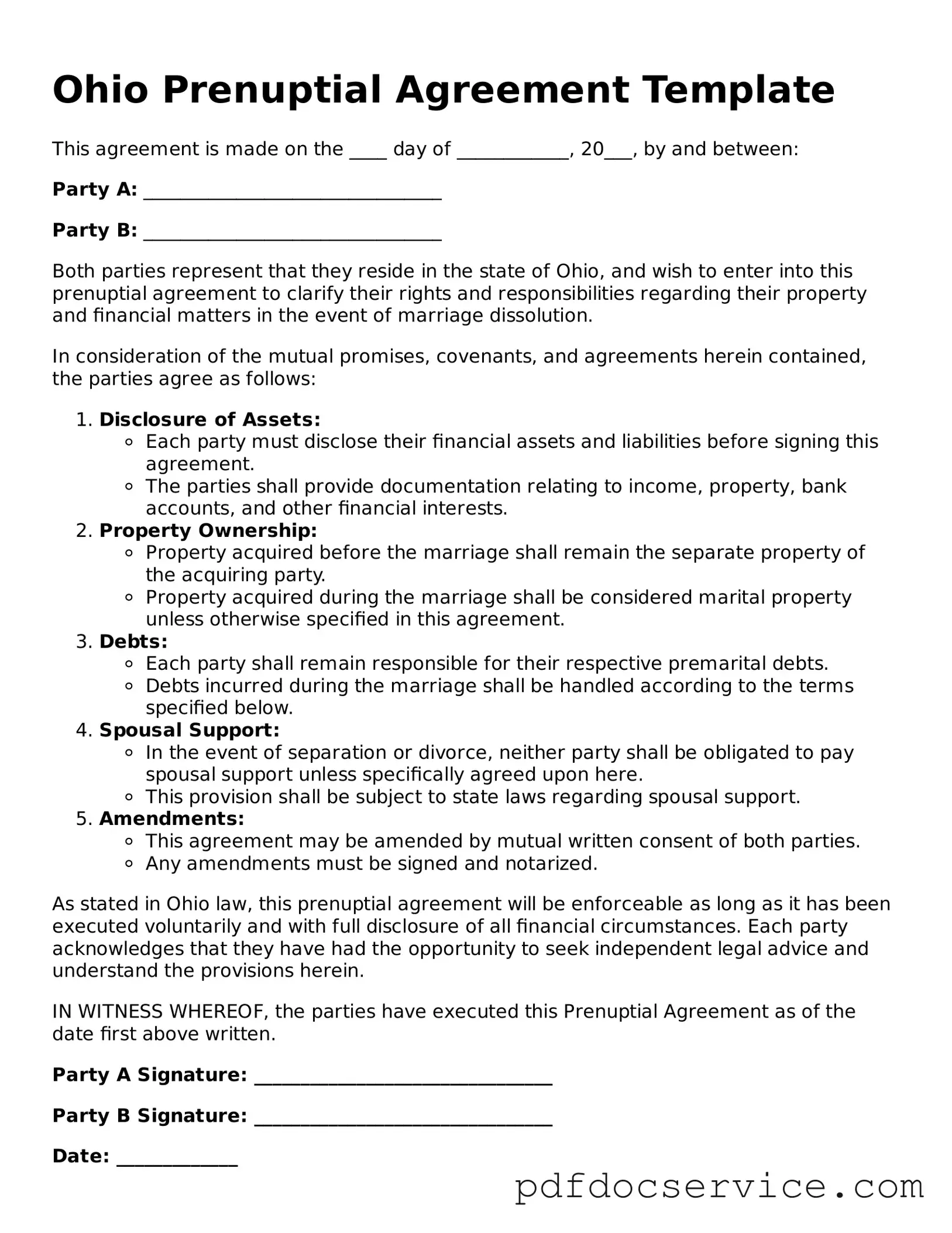 Printable  Prenuptial Agreement Template for Ohio
