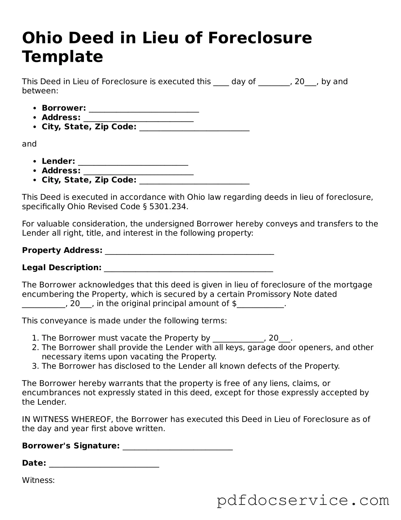 Printable  Deed in Lieu of Foreclosure Template for Ohio