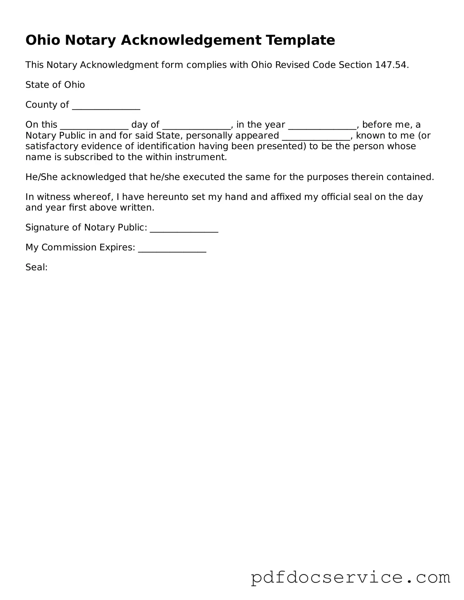 Printable  Notary Acknowledgement Template for Ohio