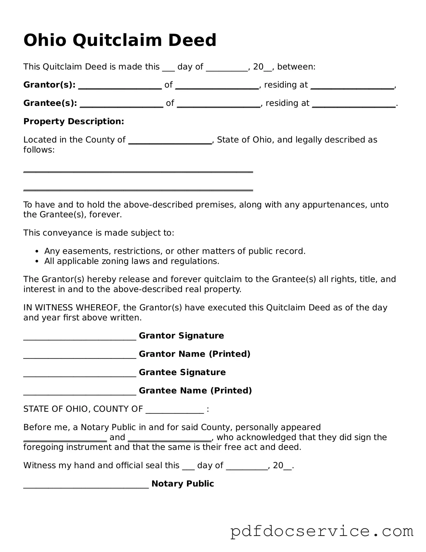 Printable  Quitclaim Deed Template for Ohio