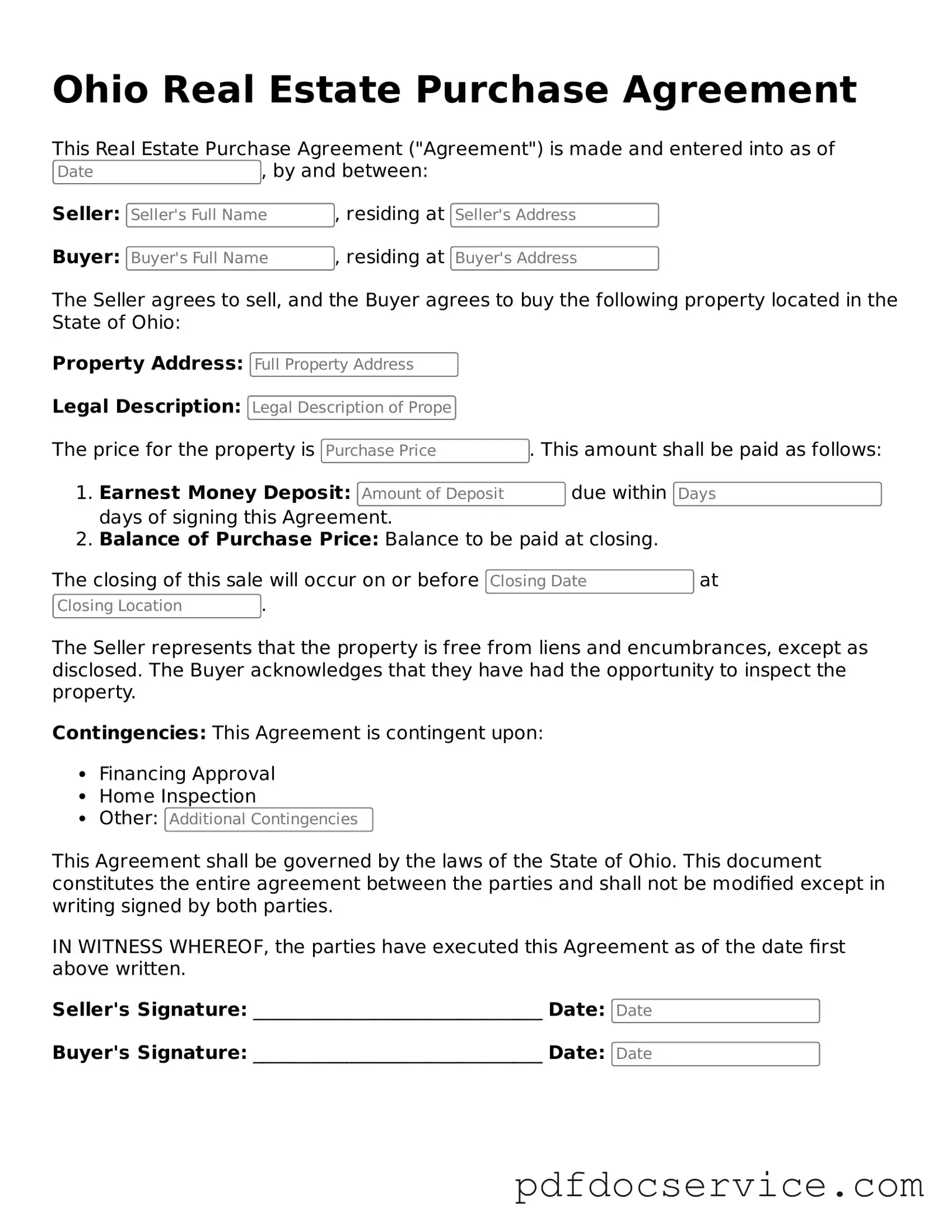 Printable  Real Estate Purchase Agreement Template for Ohio