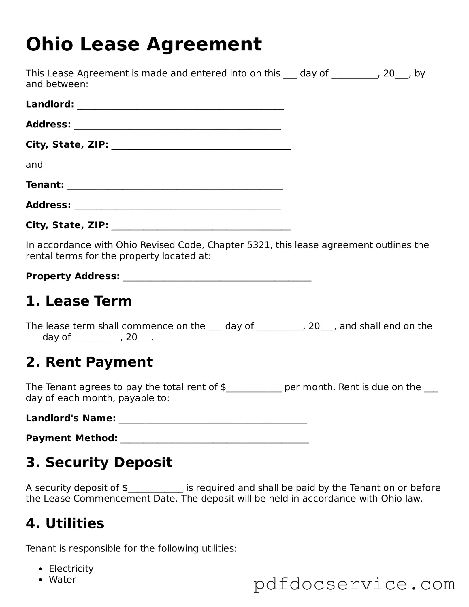 Printable  Lease Agreement Template for Ohio