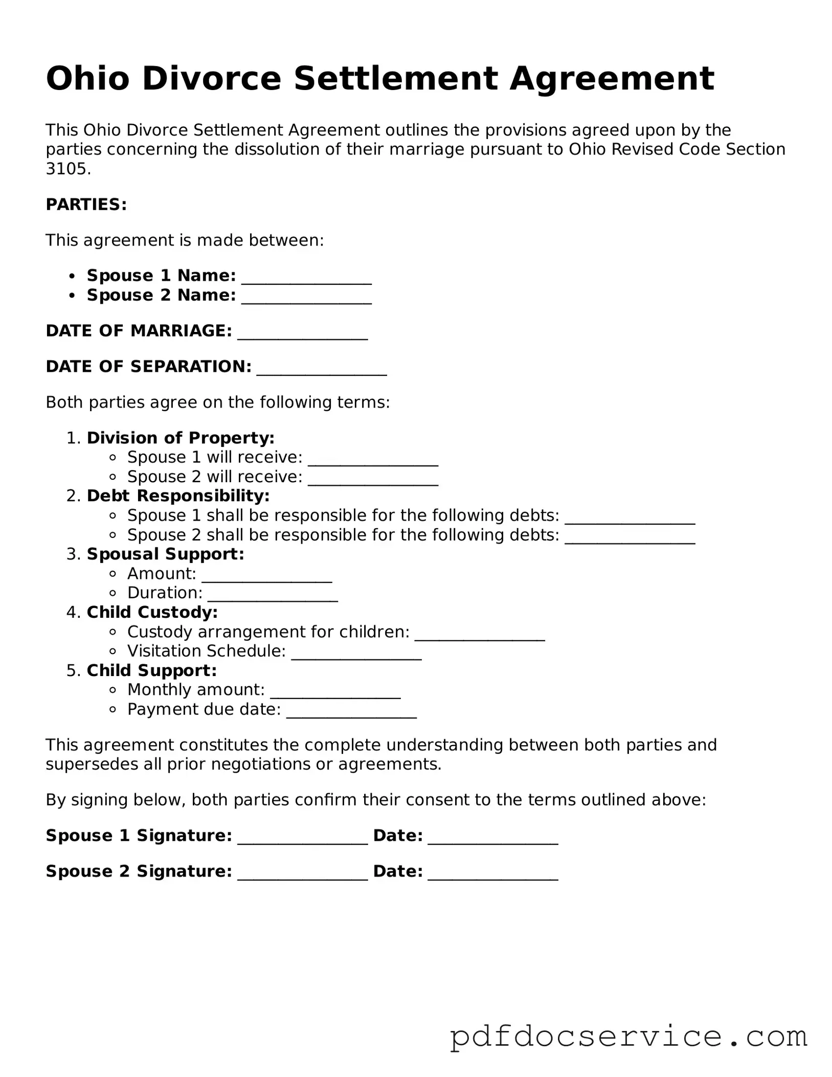 Printable  Divorce Settlement Agreement Template for Ohio