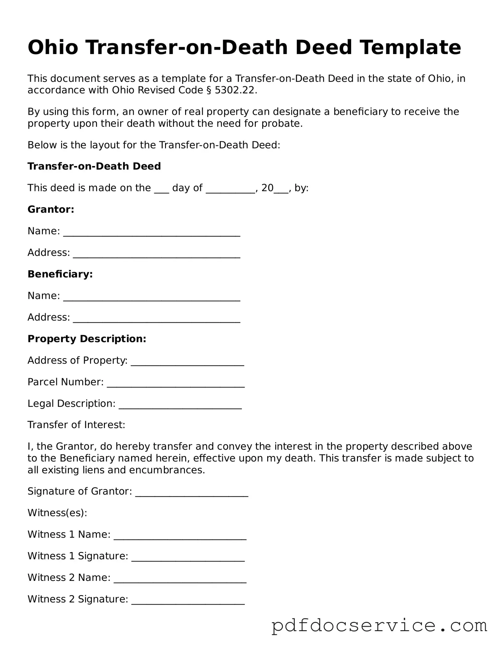 Printable  Transfer-on-Death Deed Template for Ohio