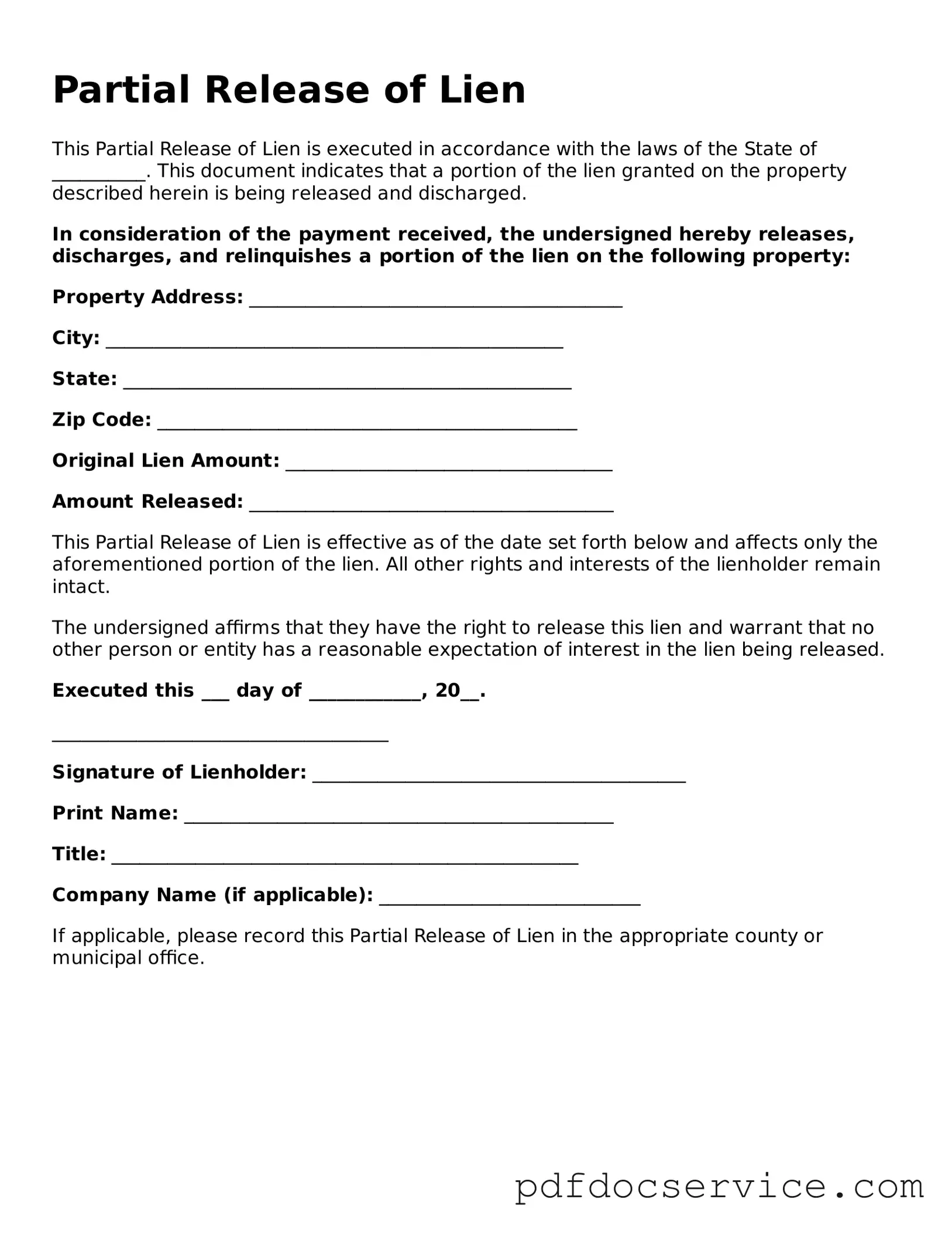 Blank Partial Release of Lien Form