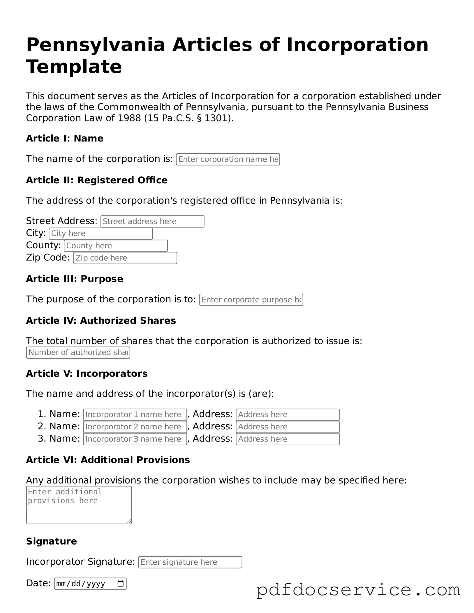 Printable  Articles of Incorporation Template for Pennsylvania