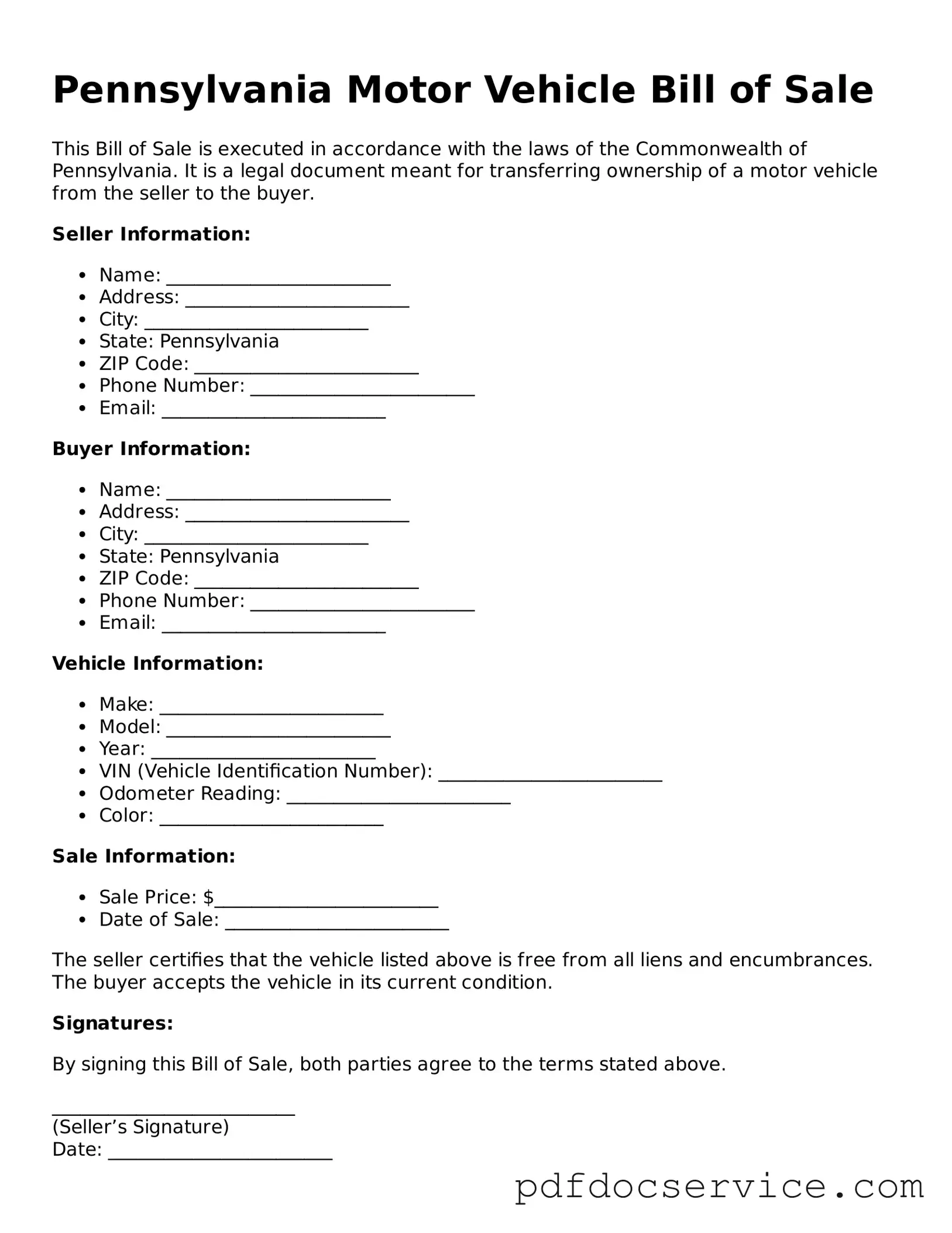 Printable  Motor Vehicle Bill of Sale Template for Pennsylvania