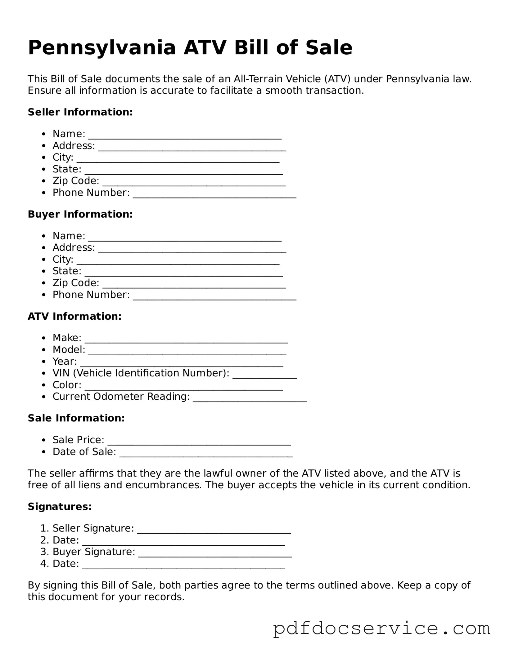 Printable  ATV Bill of Sale Template for Pennsylvania