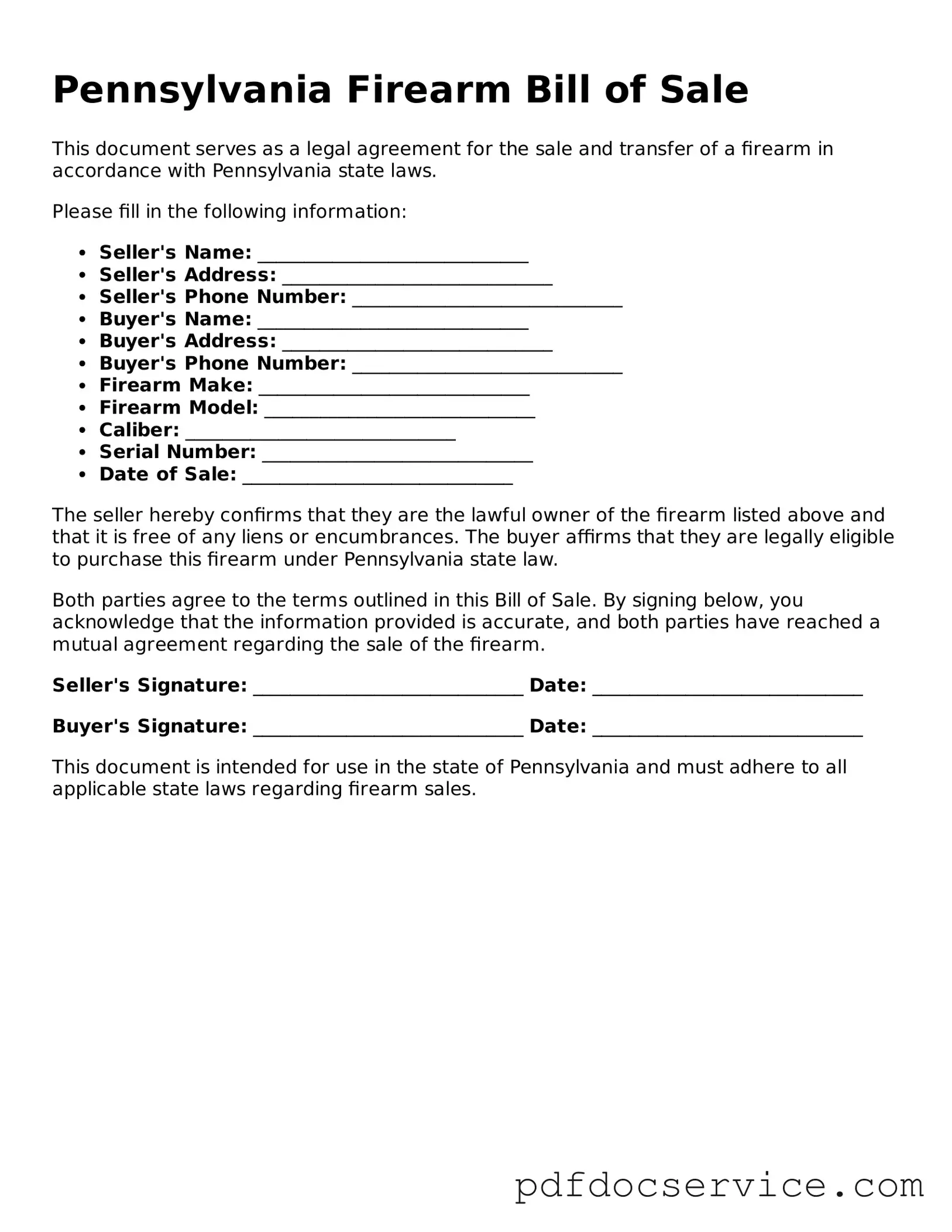 Printable  Firearm Bill of Sale Template for Pennsylvania