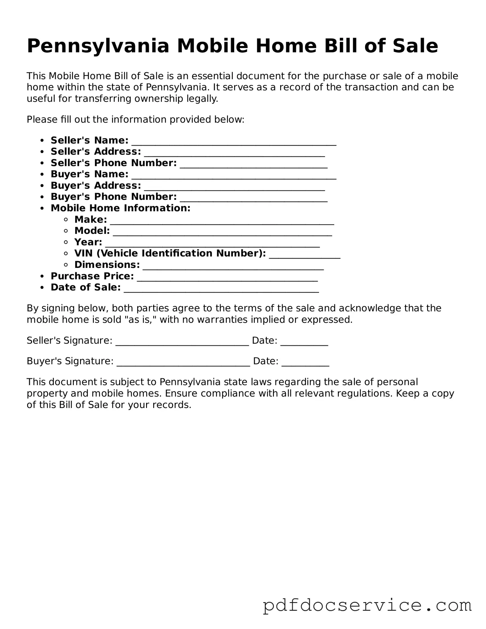 Printable  Mobile Home Bill of Sale Template for Pennsylvania