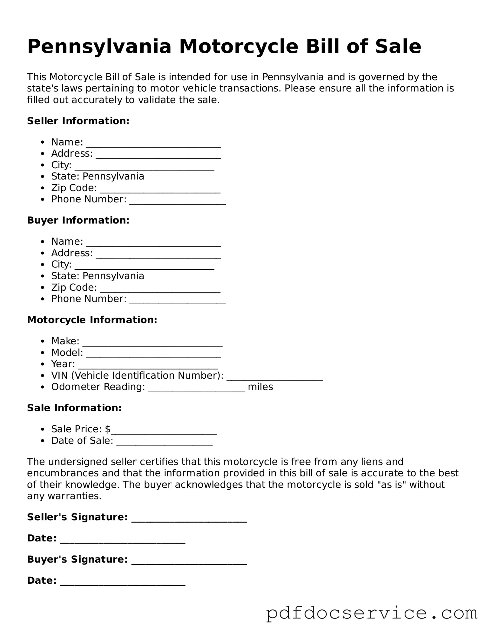 Printable  Motorcycle Bill of Sale Template for Pennsylvania