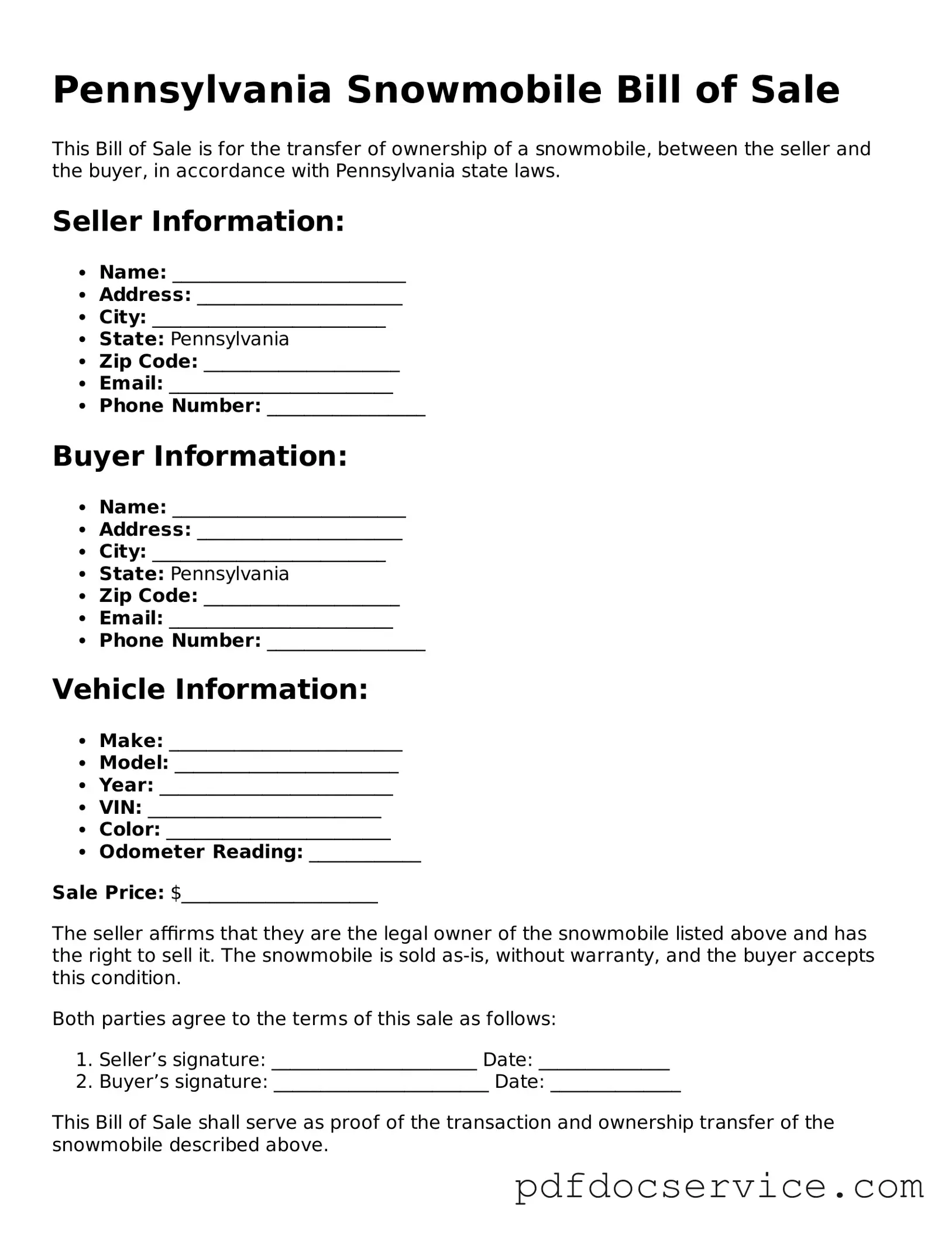 Printable  Snowmobile Bill of Sale Template for Pennsylvania