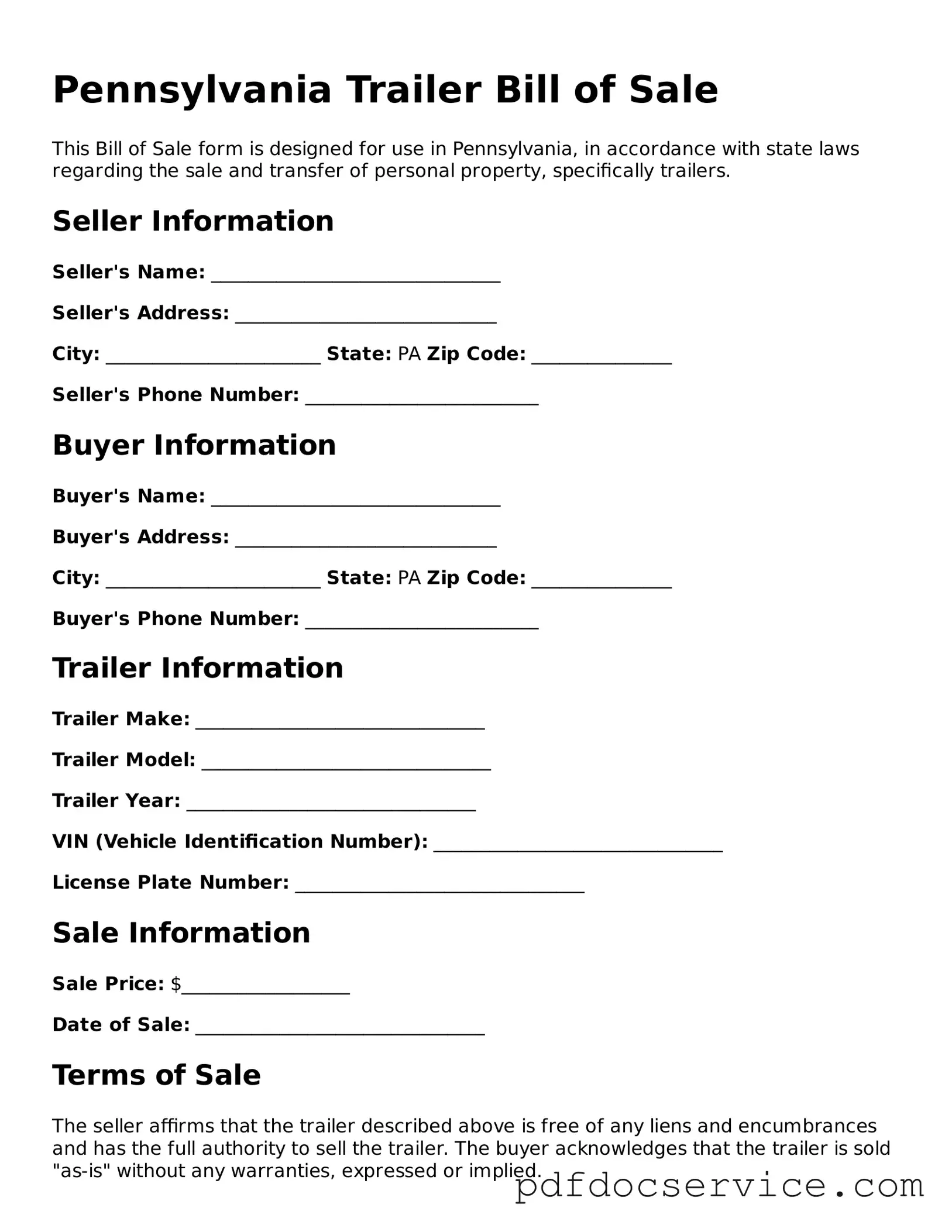Printable  Trailer Bill of Sale Template for Pennsylvania