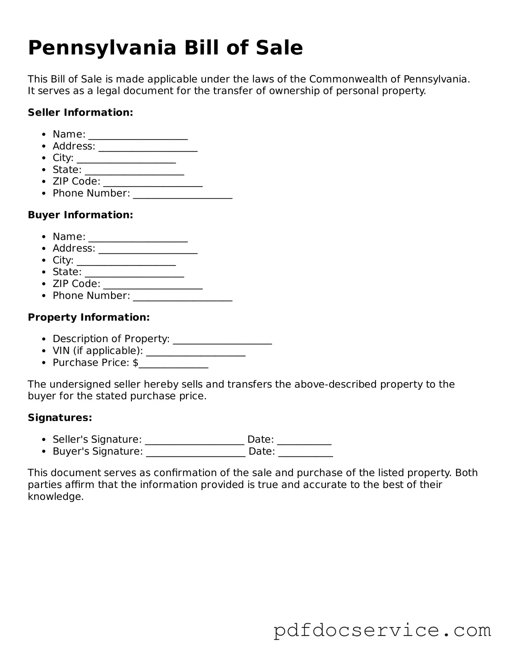 Printable  Bill of Sale Template for Pennsylvania