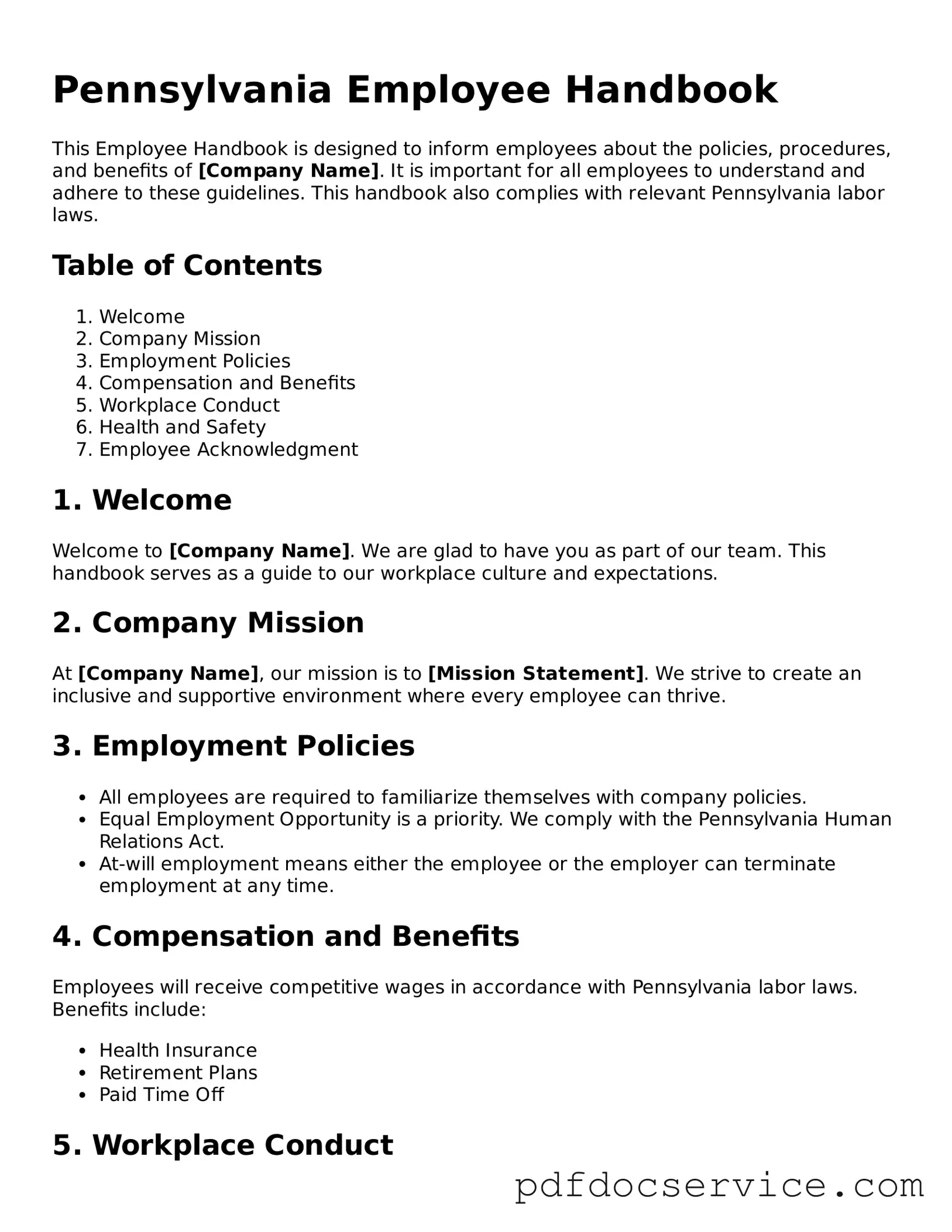 Printable  Employee Handbook Template for Pennsylvania