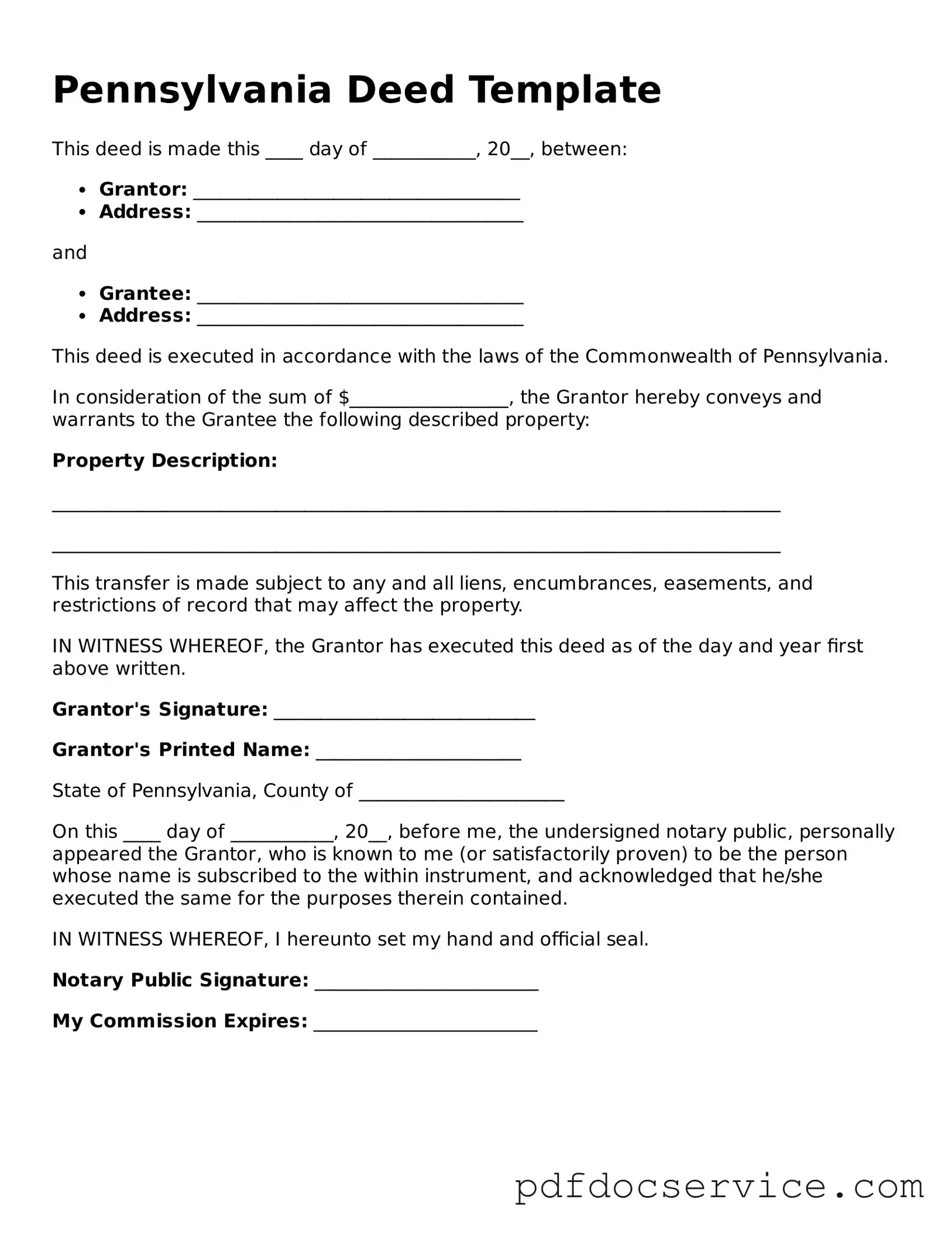 Printable  Deed Template for Pennsylvania
