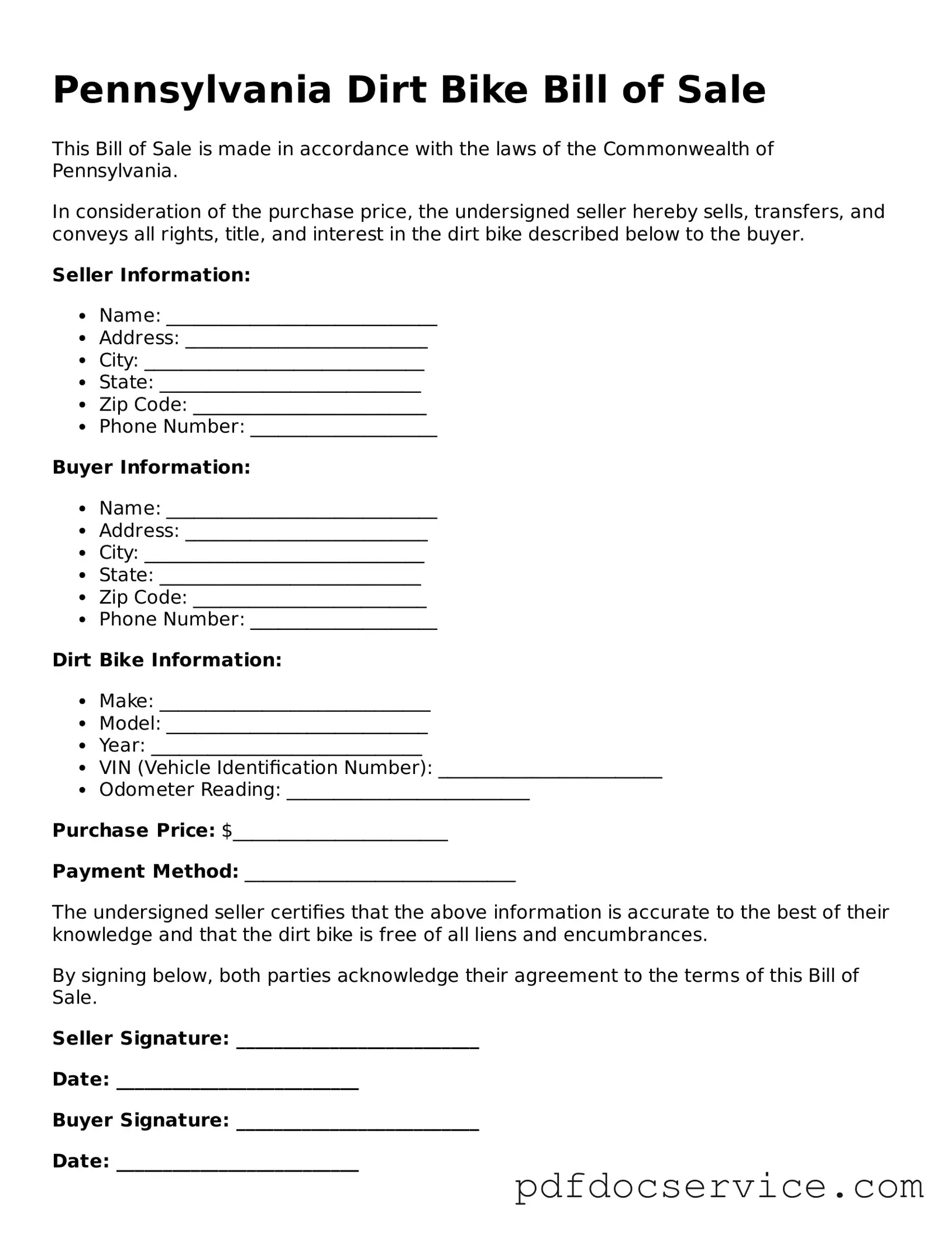 Printable  Dirt Bike Bill of Sale Template for Pennsylvania