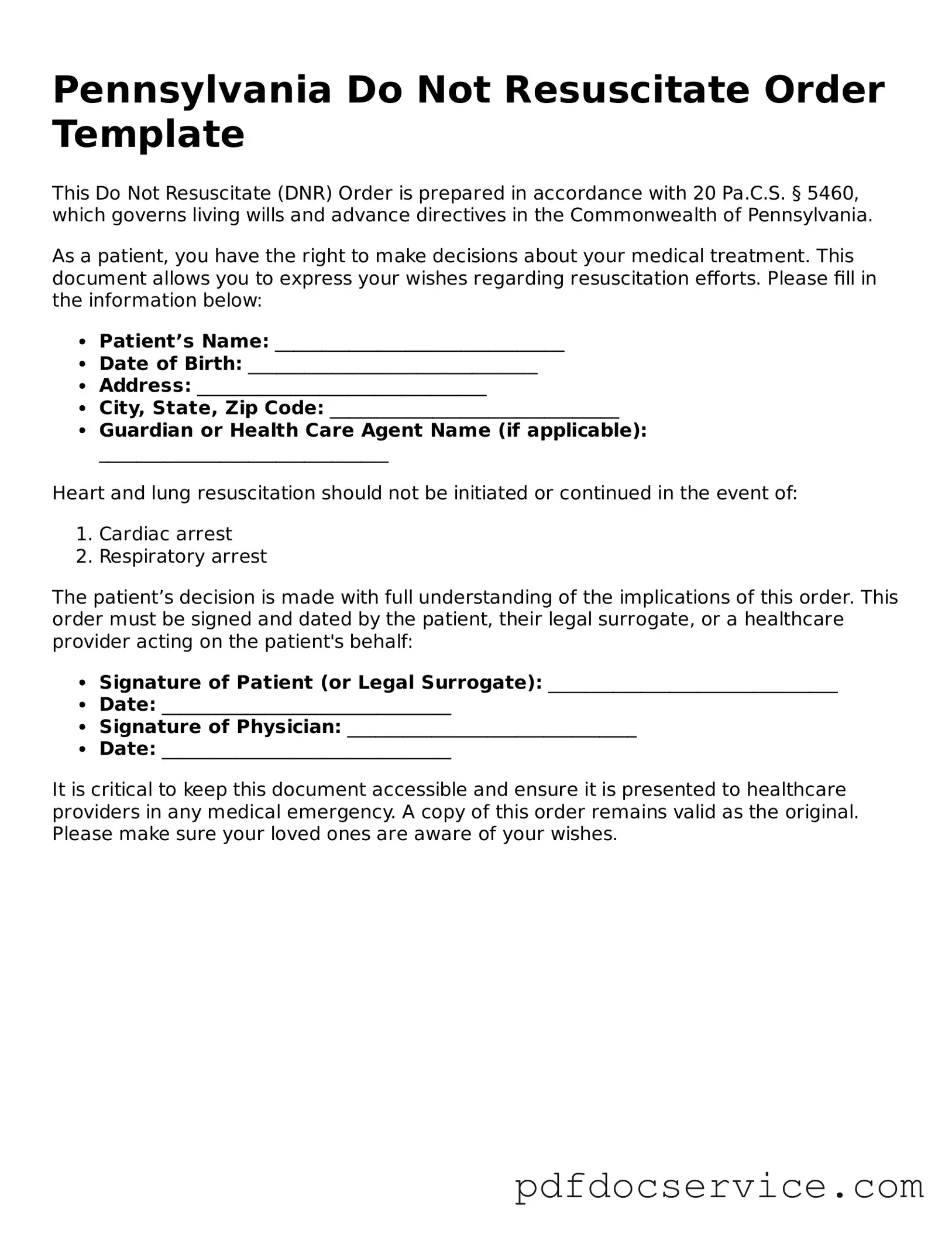 Printable  Do Not Resuscitate Order Template for Pennsylvania
