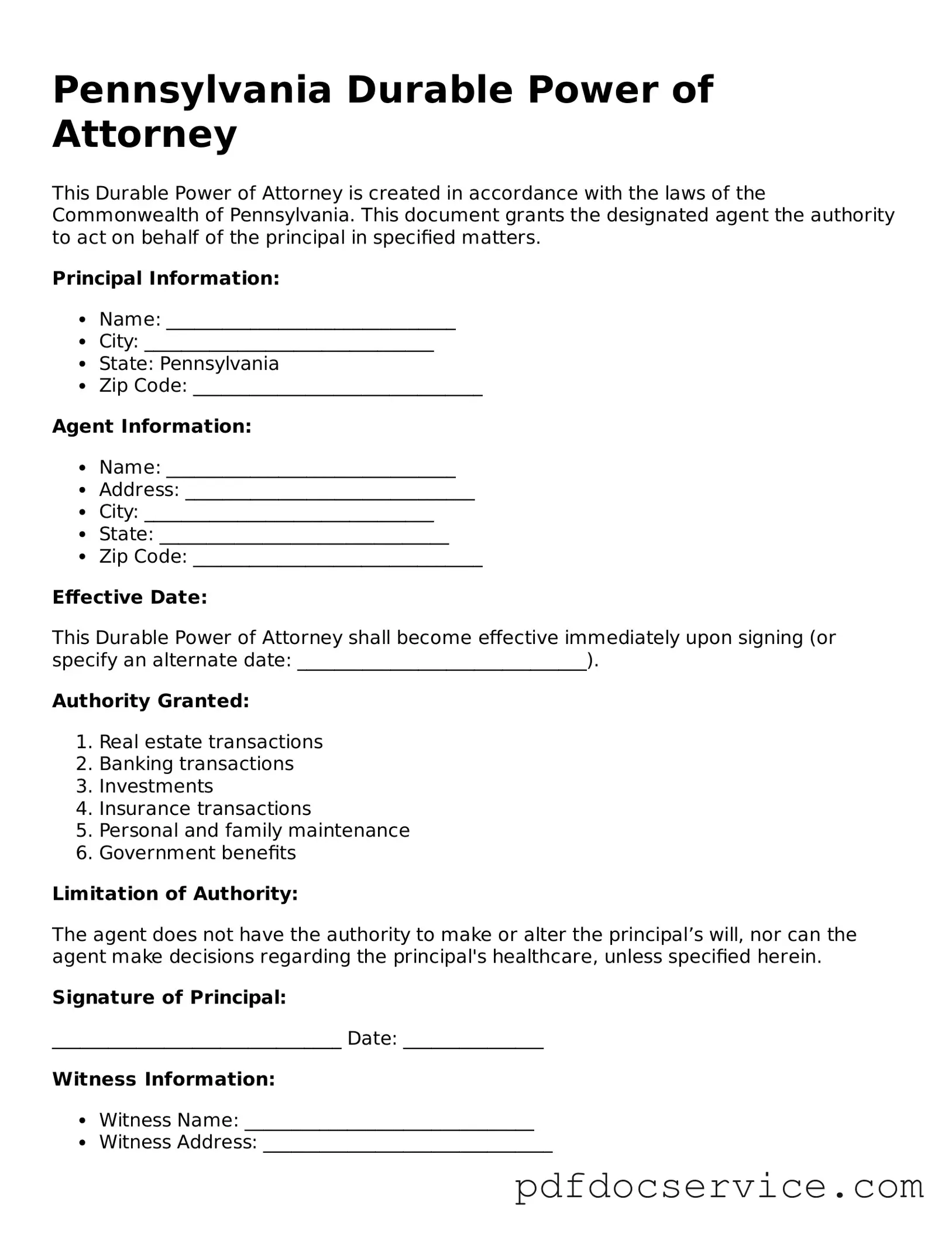 Printable  Durable Power of Attorney Template for Pennsylvania