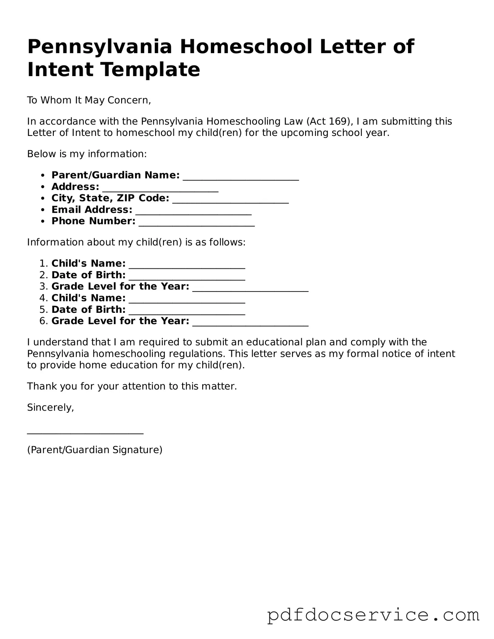 Printable  Homeschool Letter of Intent Template for Pennsylvania