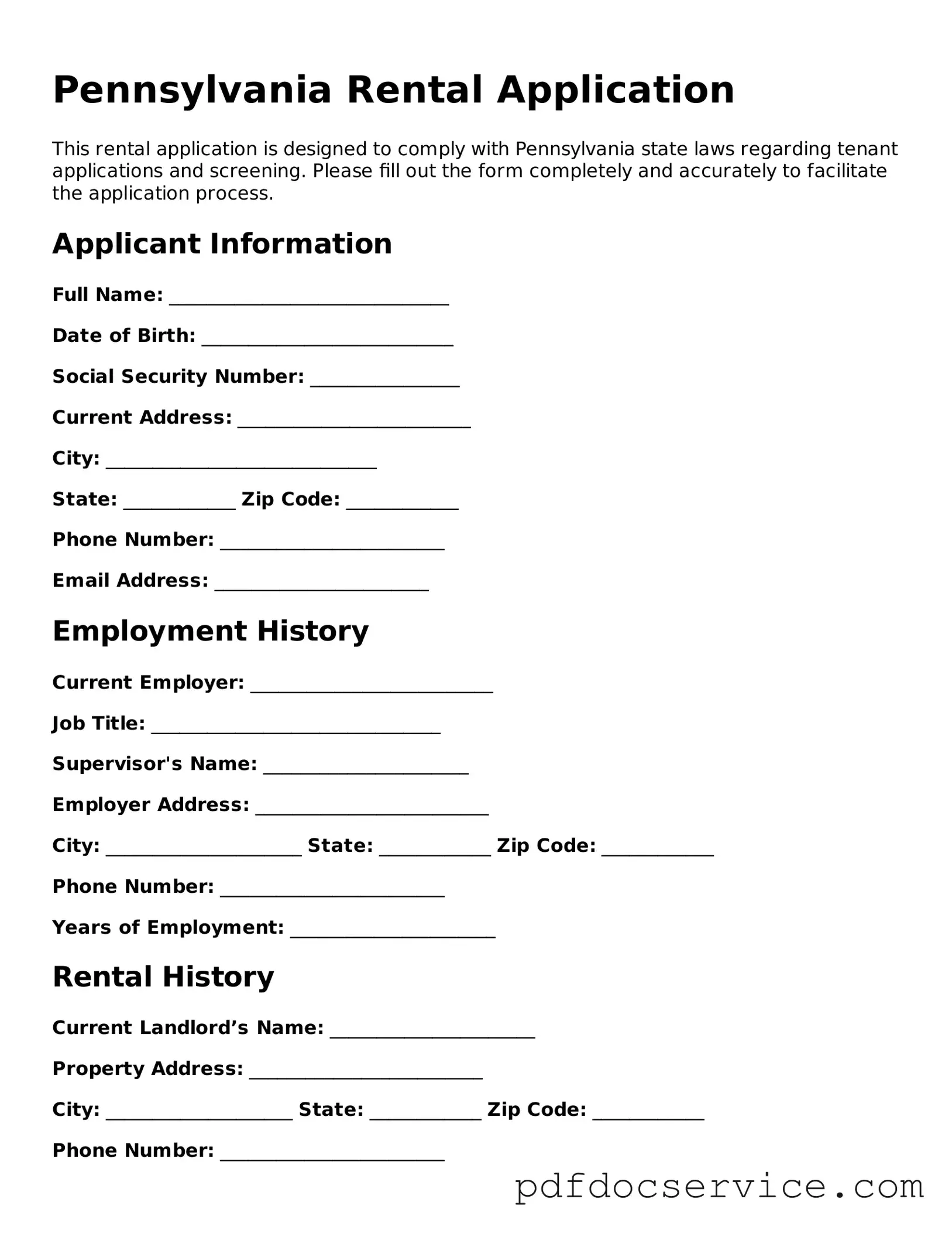 Printable  Rental Application Template for Pennsylvania