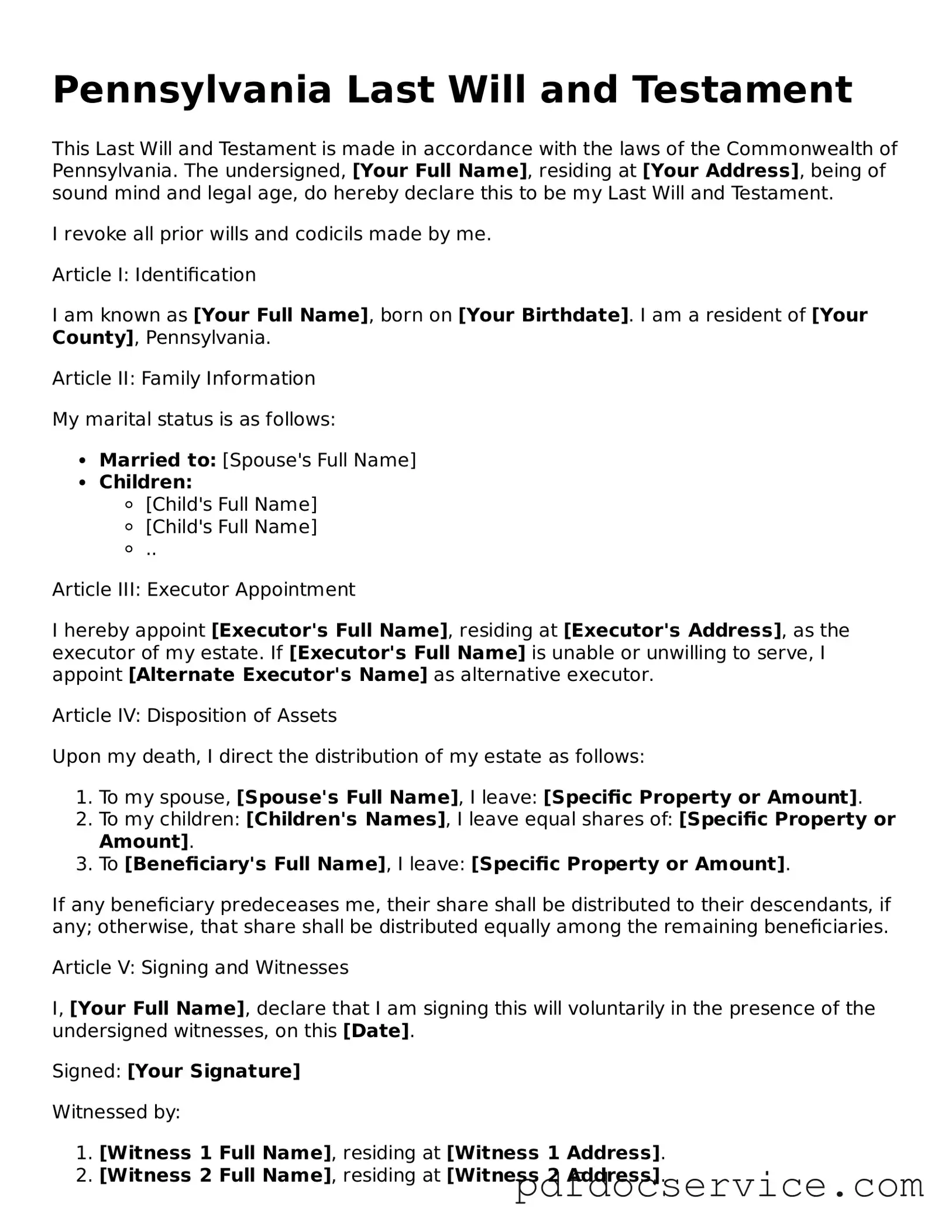 Printable  Last Will and Testament Template for Pennsylvania