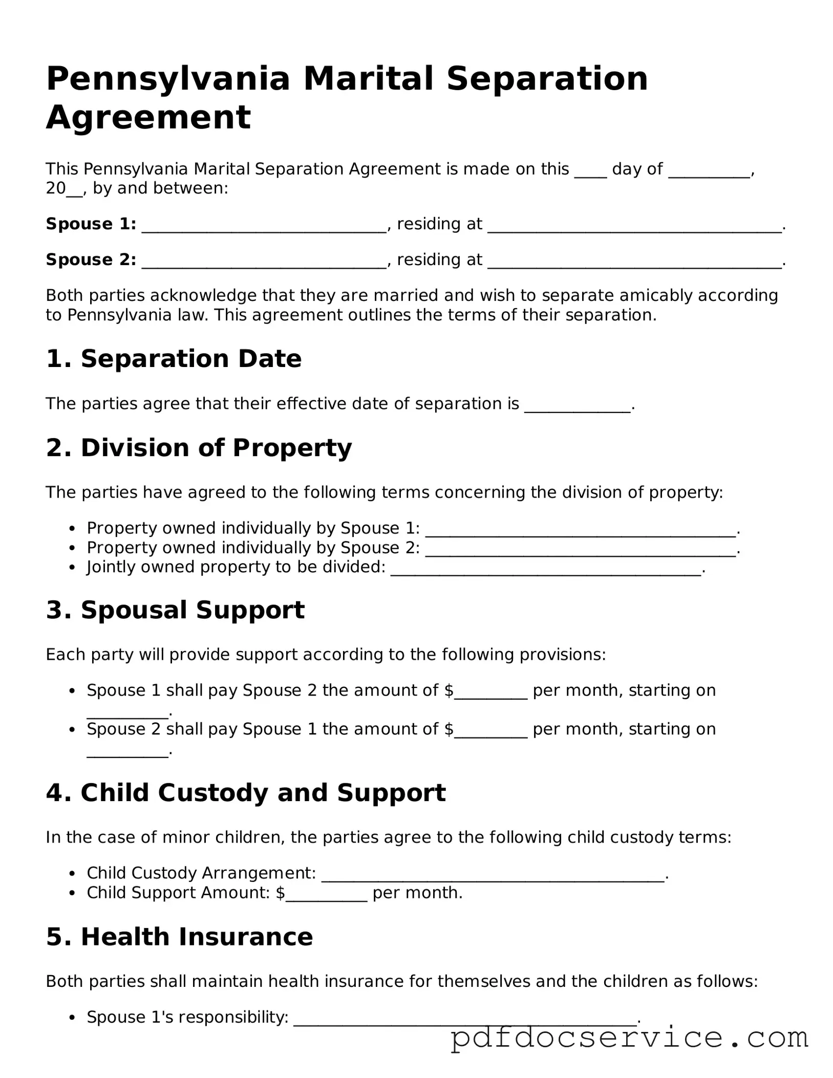 Printable  Marital Separation Agreement Template for Pennsylvania