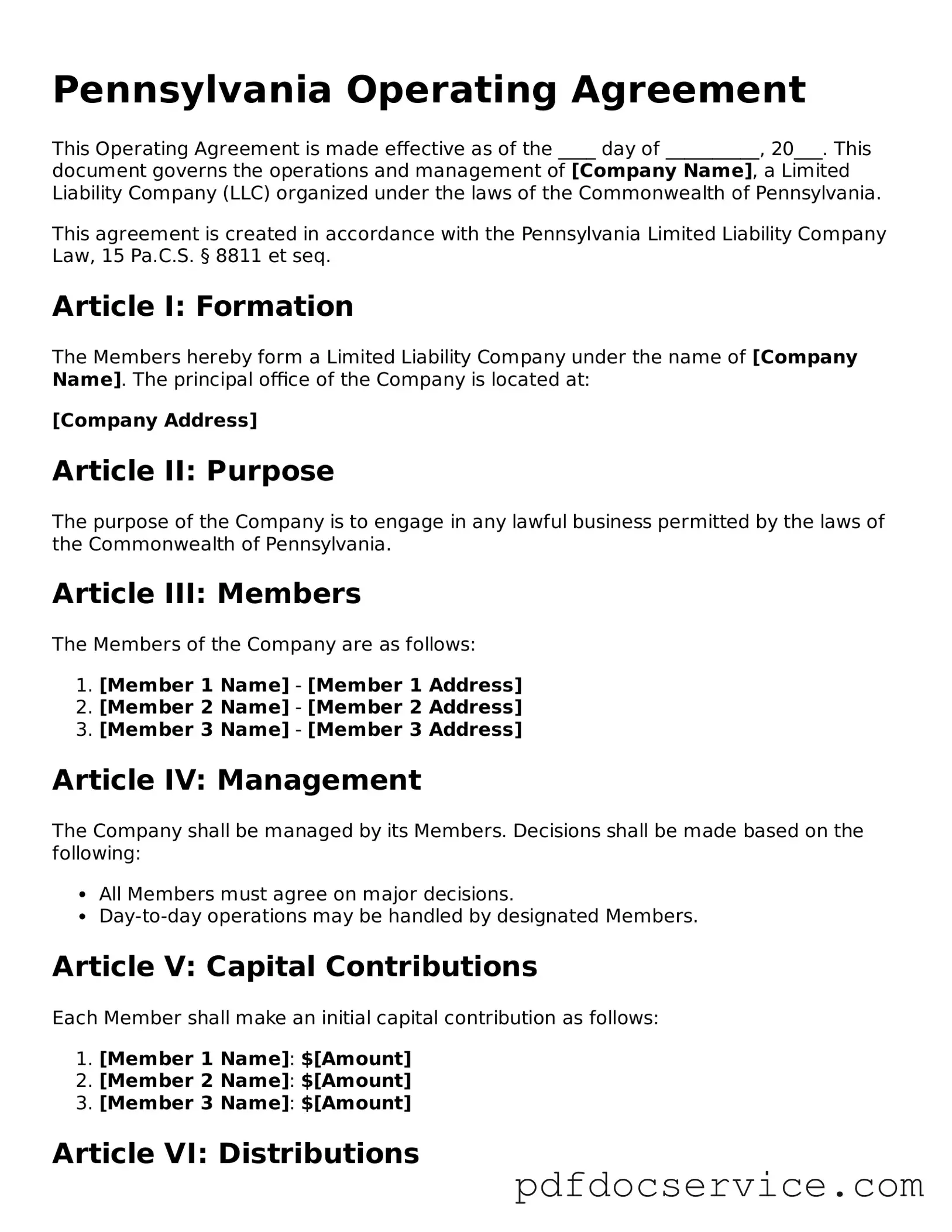 Printable  Operating Agreement Template for Pennsylvania