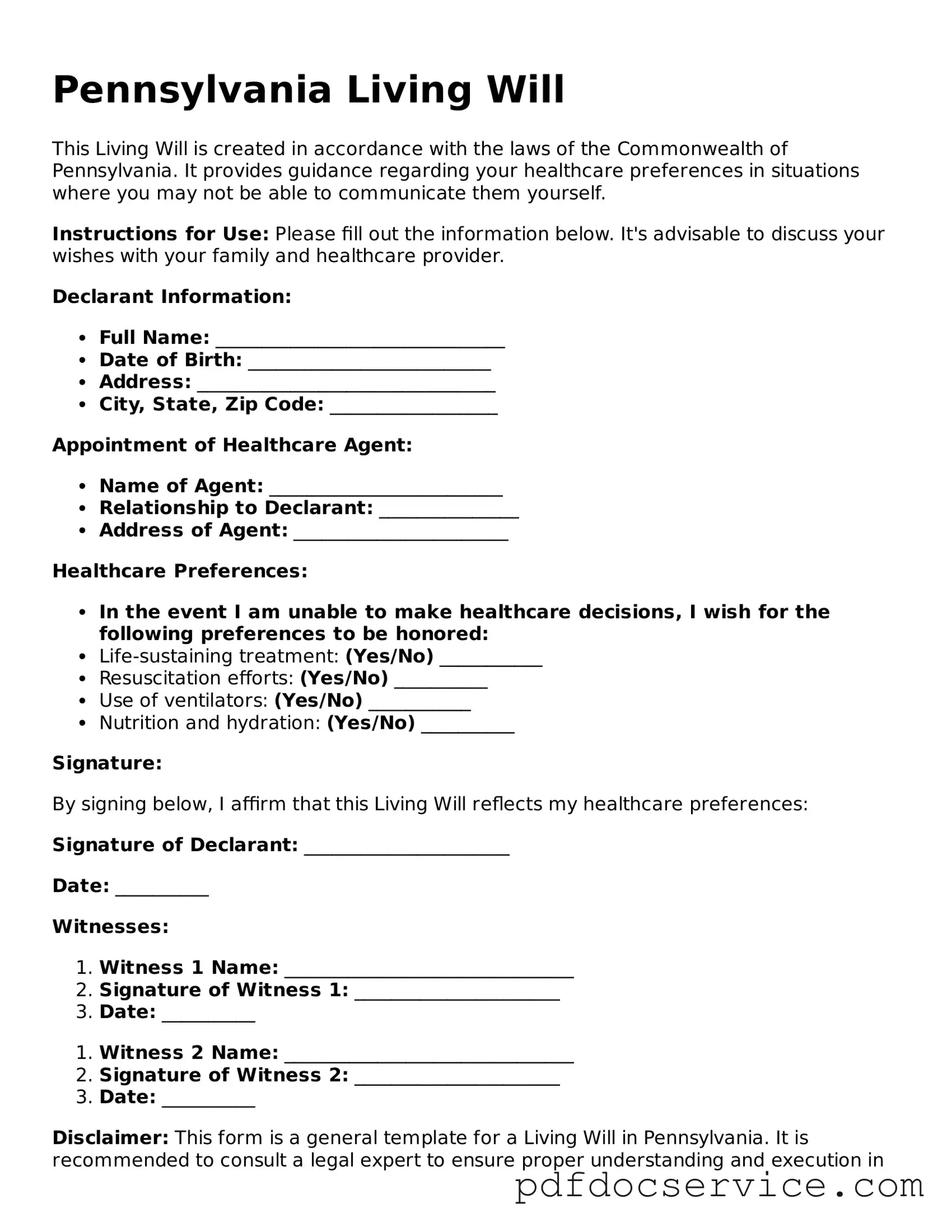 Printable  Living Will Template for Pennsylvania