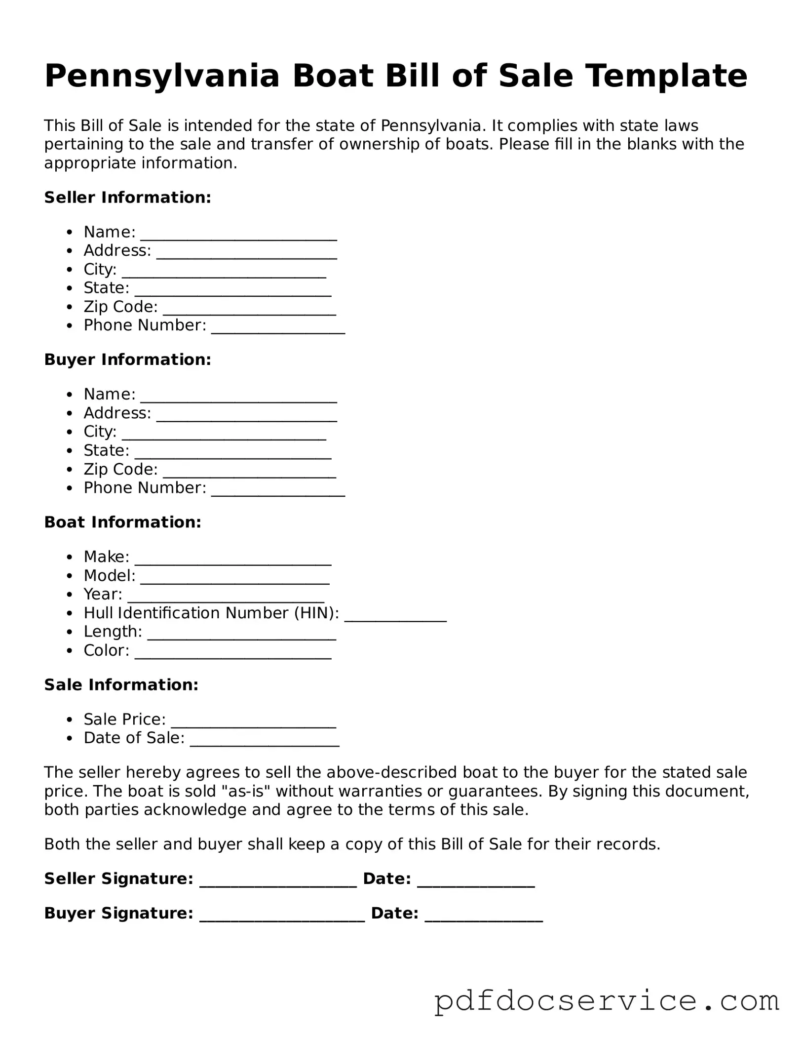 Printable  Boat Bill of Sale Template for Pennsylvania