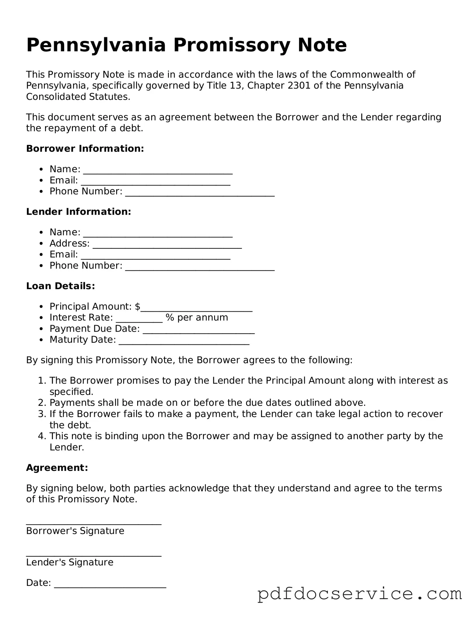 Printable  Promissory Note Template for Pennsylvania