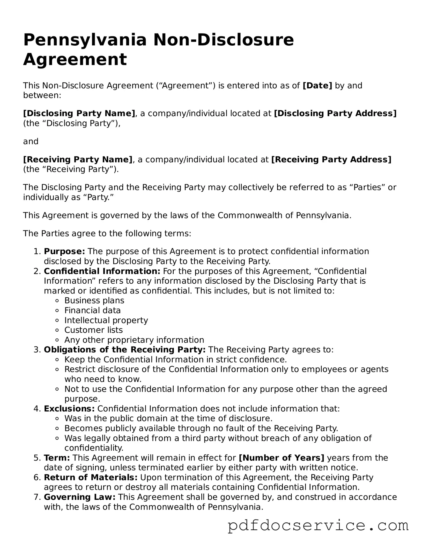 Printable  Non-disclosure Agreement Template for Pennsylvania