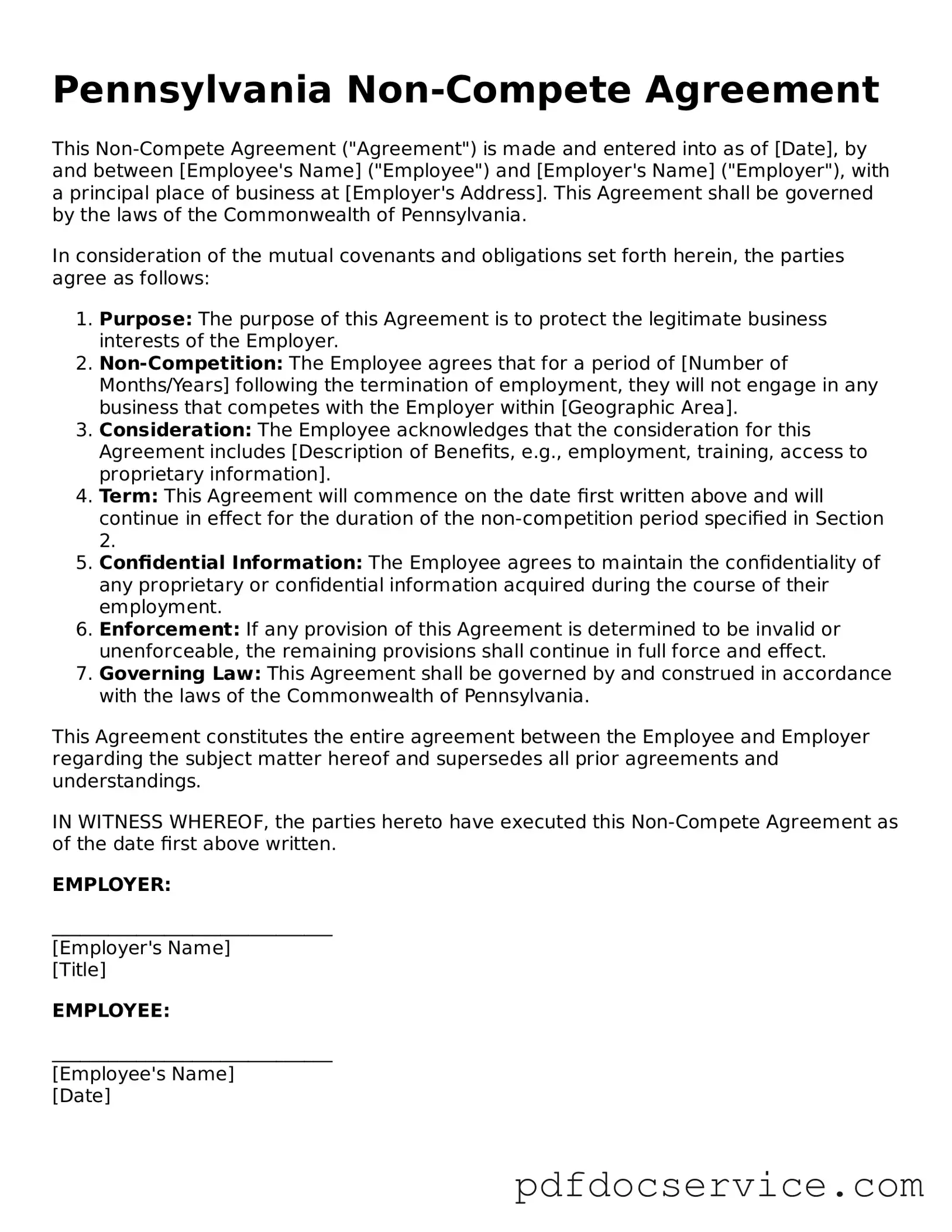 Printable  Non-compete Agreement Template for Pennsylvania