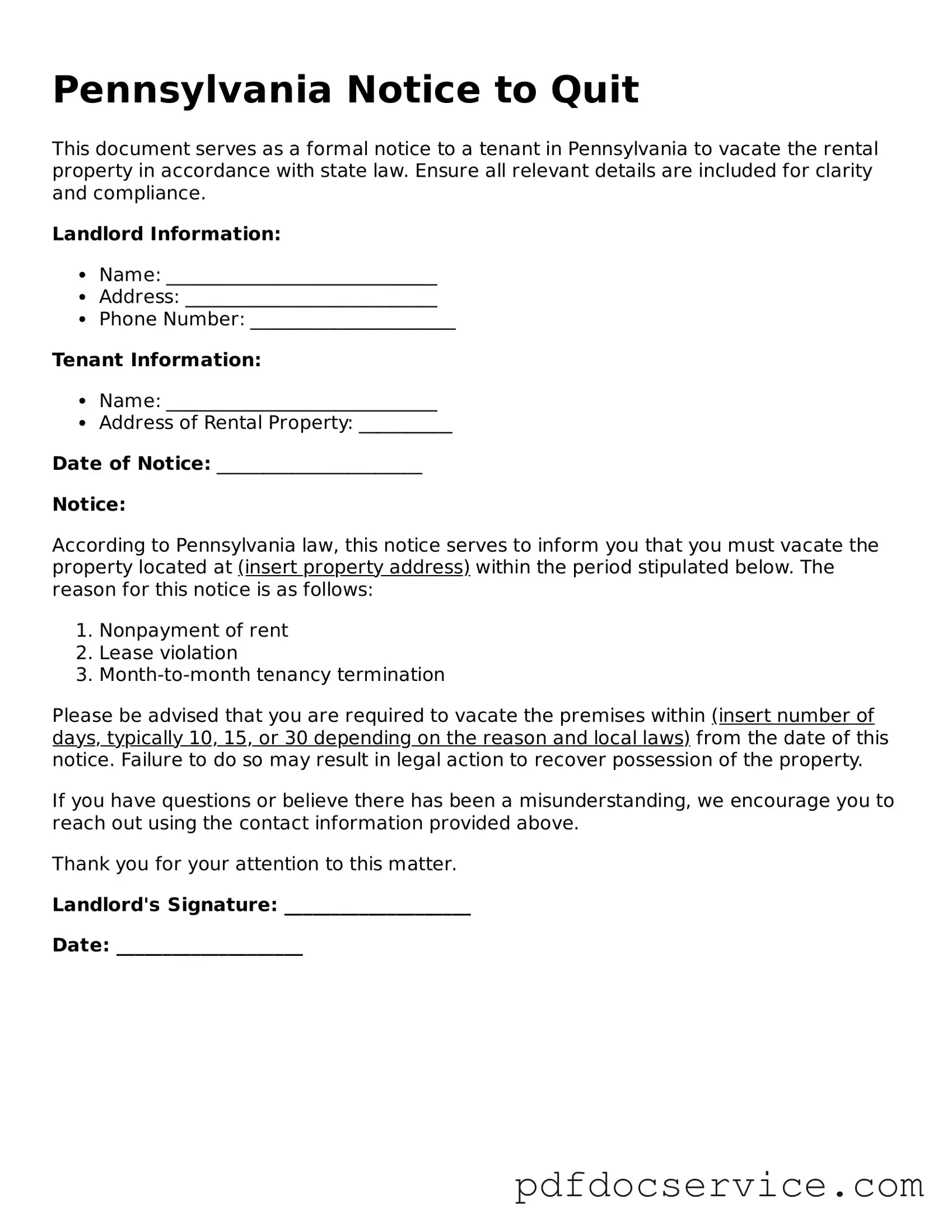Printable  Notice to Quit Template for Pennsylvania