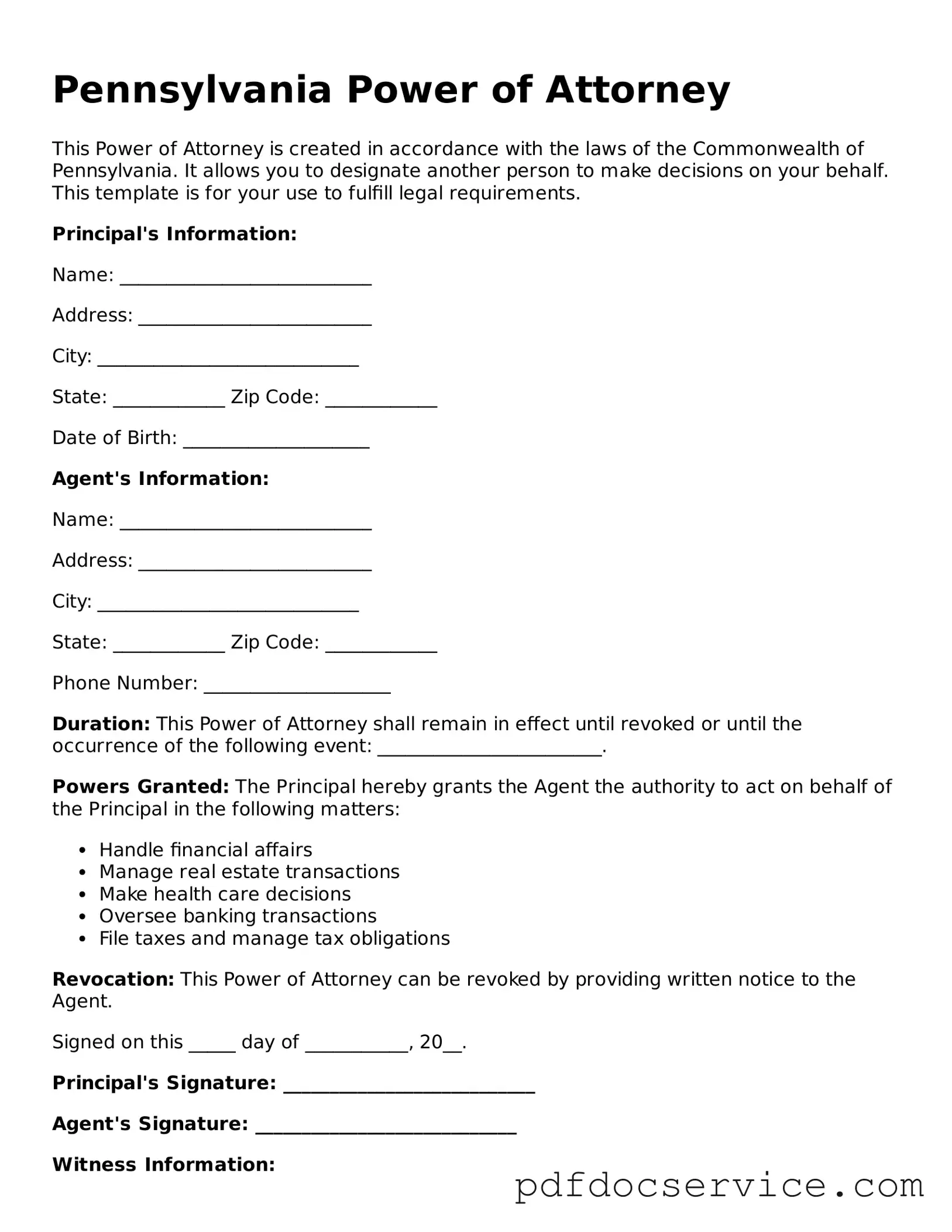 Printable  Power of Attorney Template for Pennsylvania
