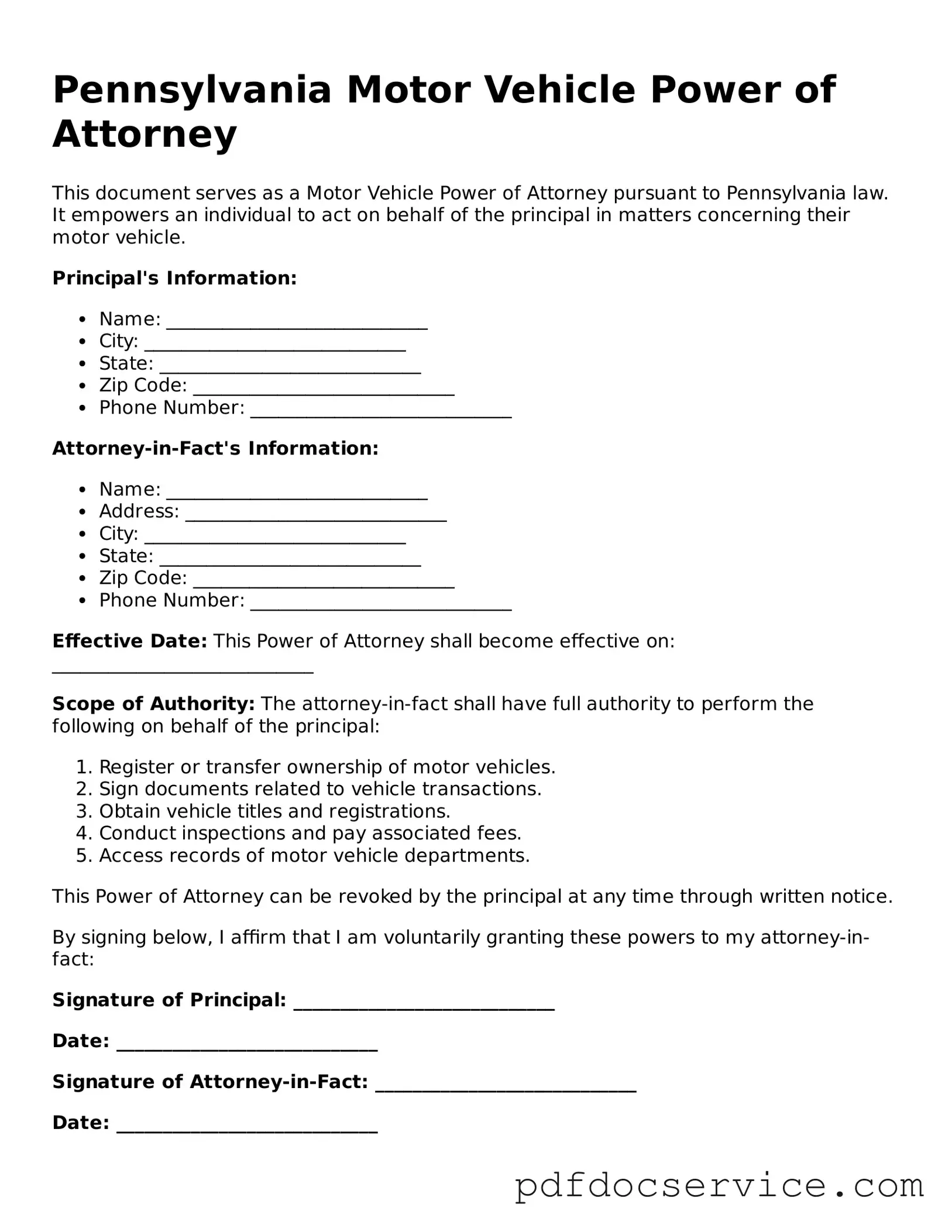 Printable  Motor Vehicle Power of Attorney Template for Pennsylvania