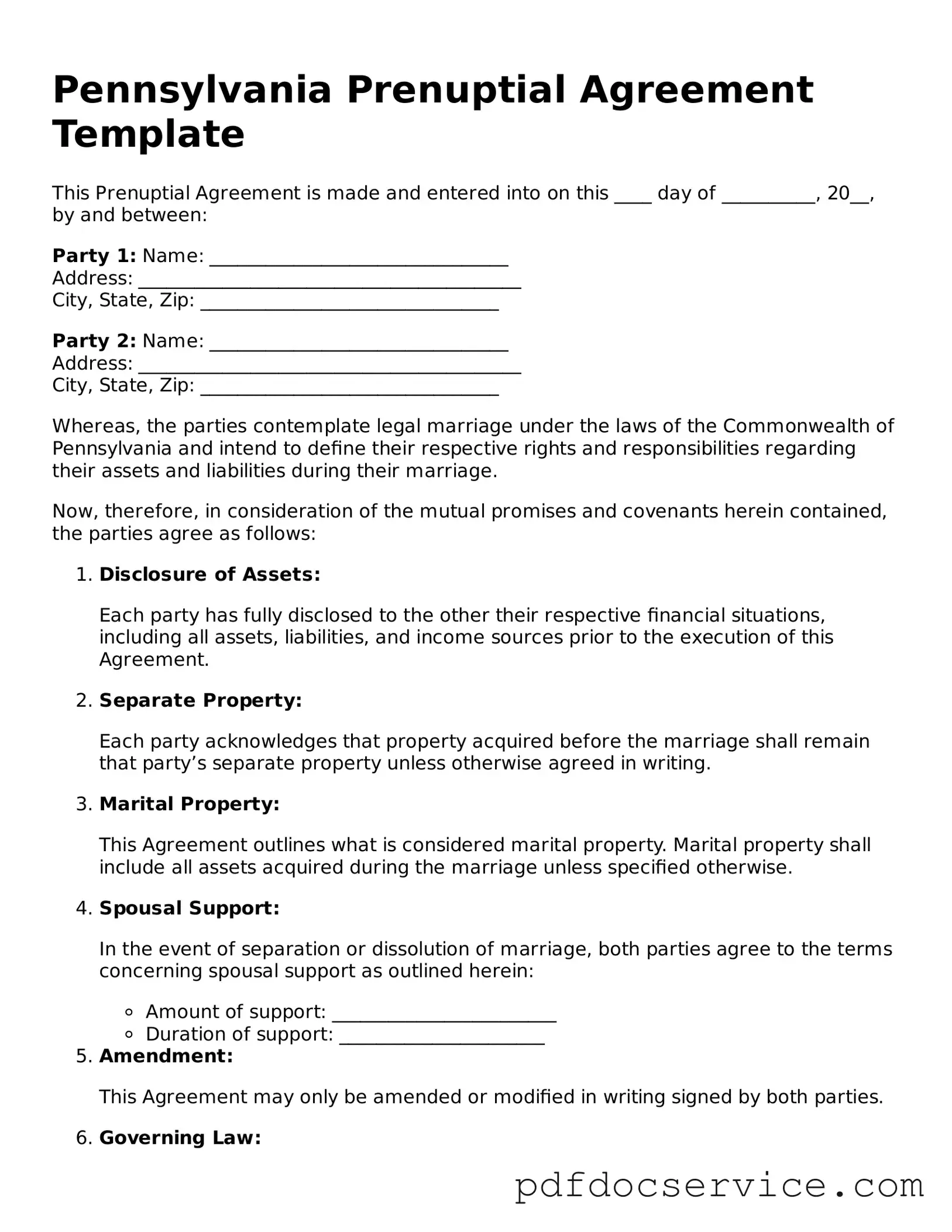 Printable  Prenuptial Agreement Template for Pennsylvania