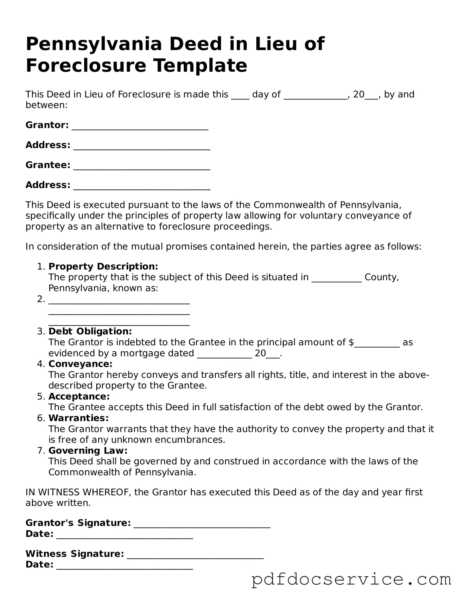 Printable  Deed in Lieu of Foreclosure Template for Pennsylvania