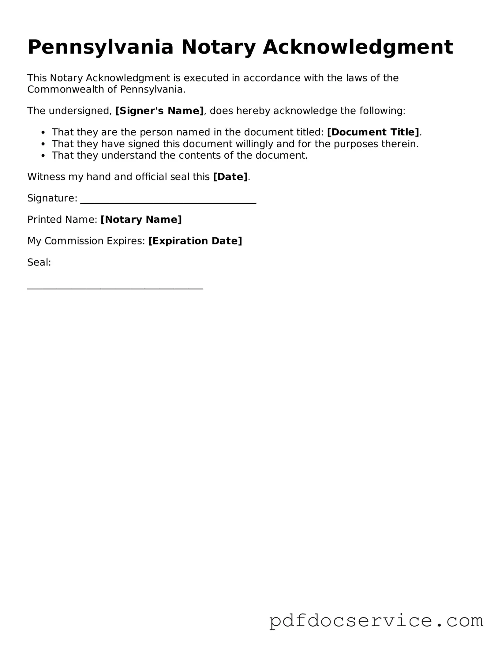 Printable  Notary Acknowledgement Template for Pennsylvania